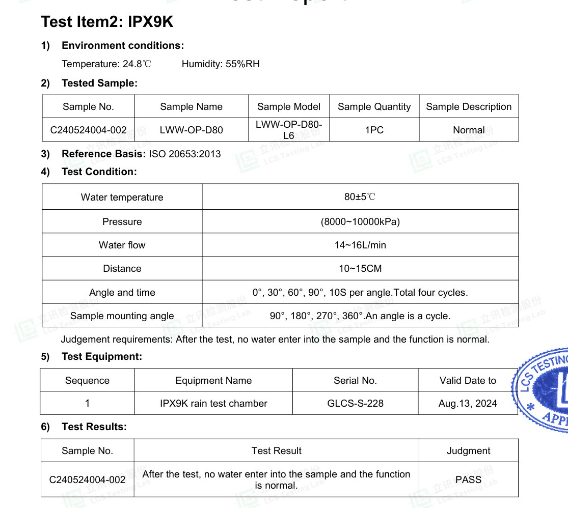 LWW-OP-D80样品的IPX9K高压高温喷水测试报告页，结果PASS