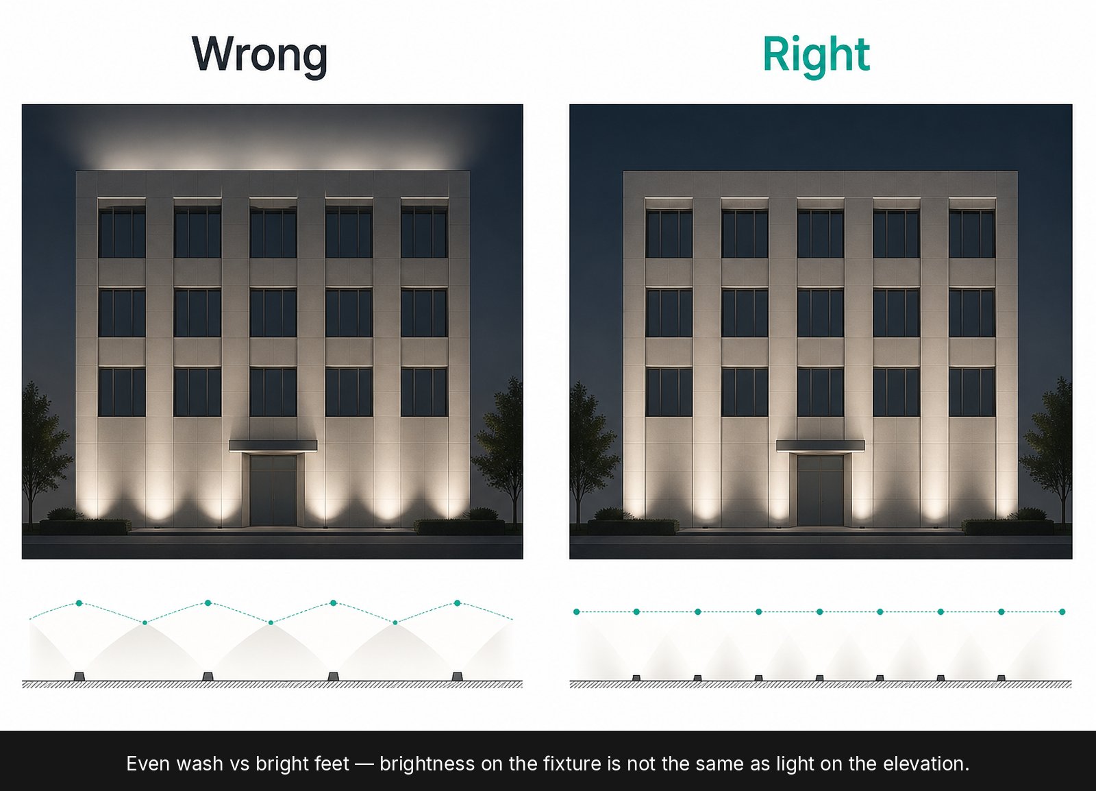 Side-by-side façade sketches comparing uneven base wash to even wall wash.