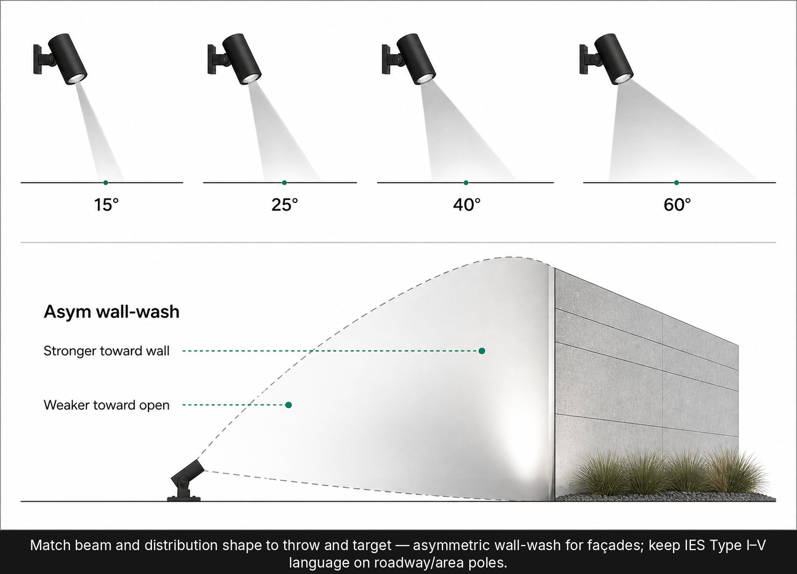Beam-angle options and asymmetric wall-wash distribution schematic.