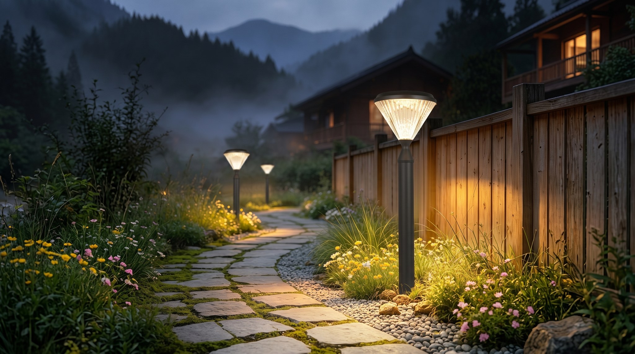 TPK Solar Bollard Lights along Meadow Stone Pathway