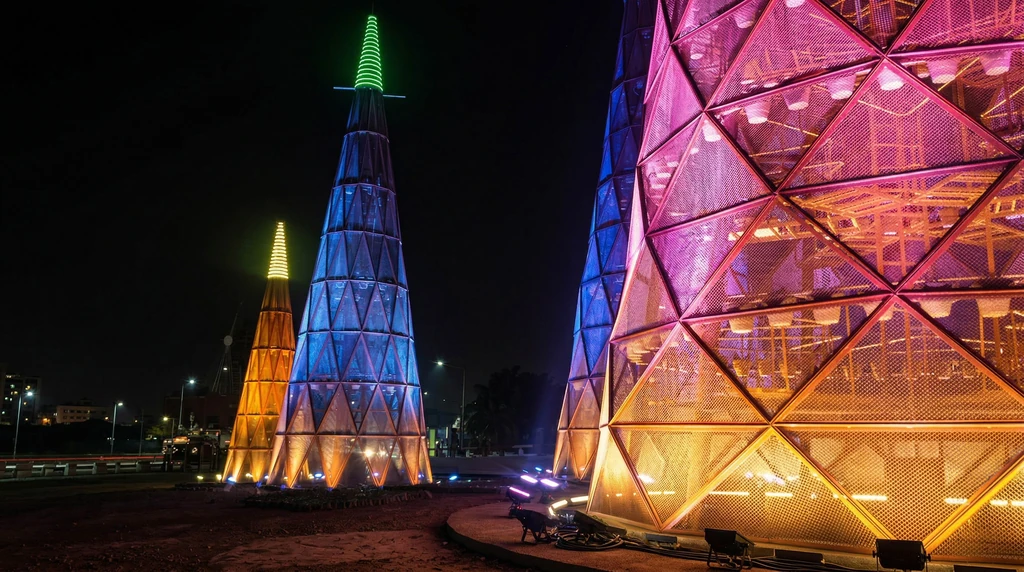 7 Colorful Conical Light Towers Architectural Illumination