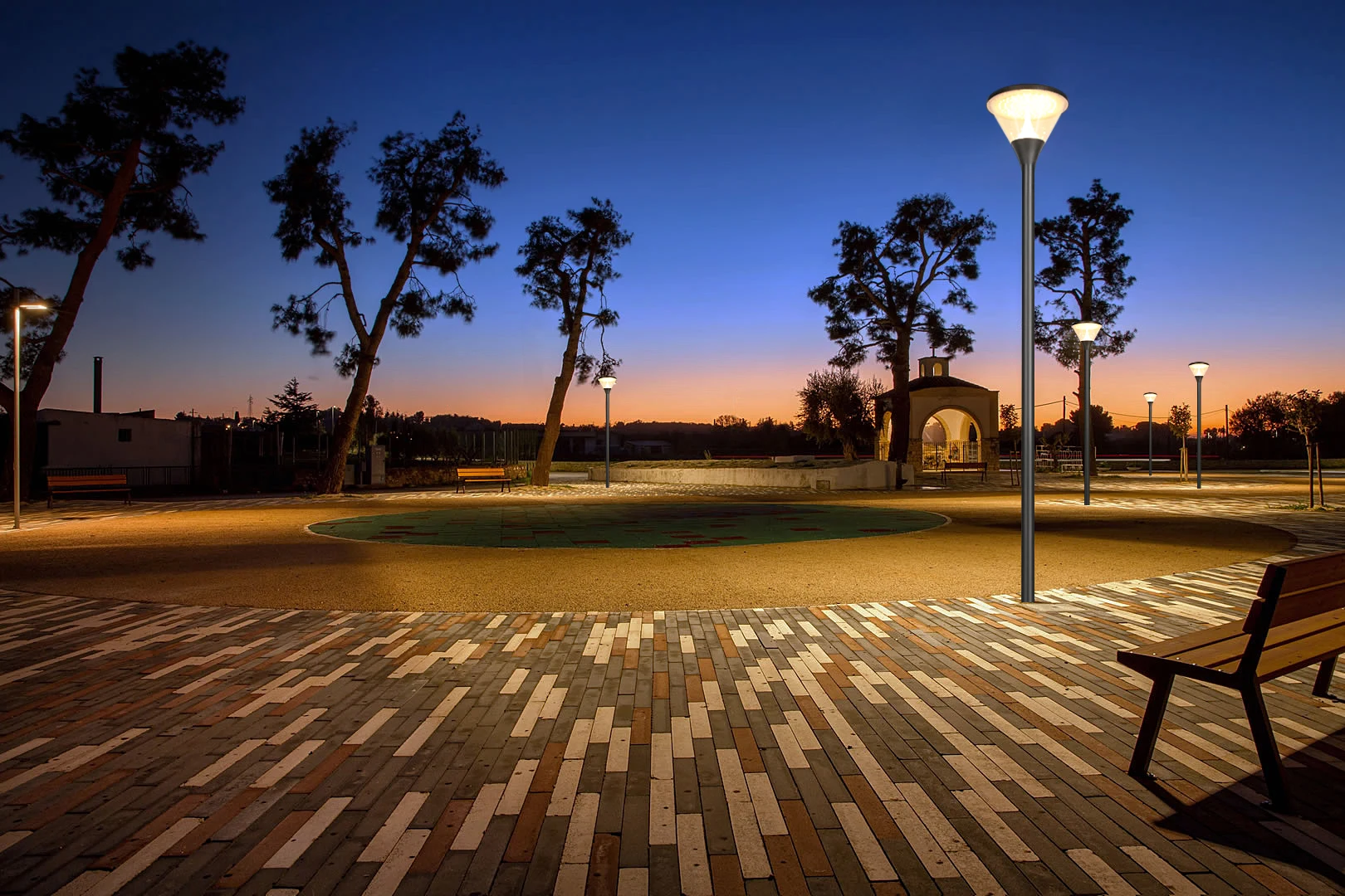 SGL-006 installed in municipal plaza promenade at sunset