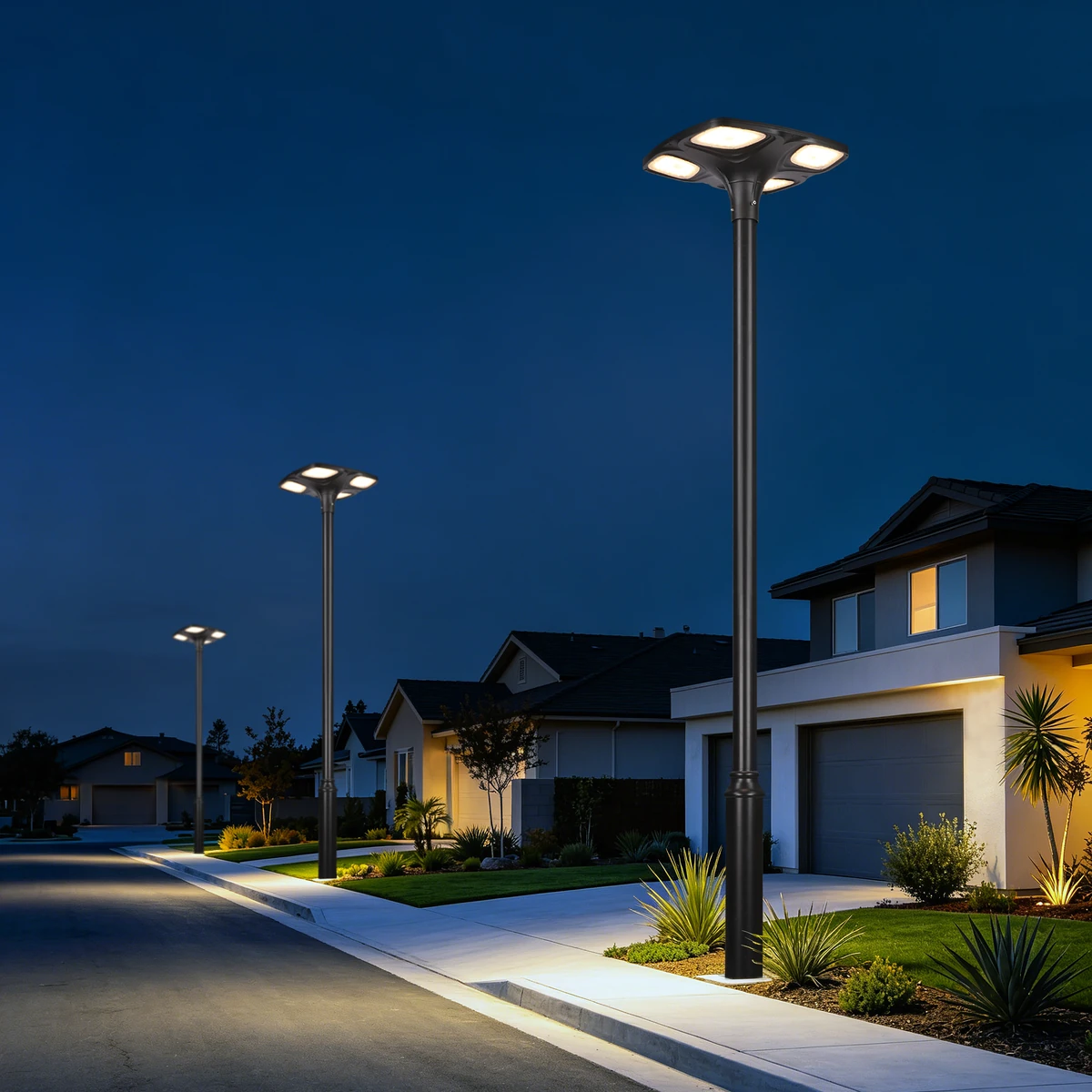 Commercial shopping plaza courtyard dusk illumination