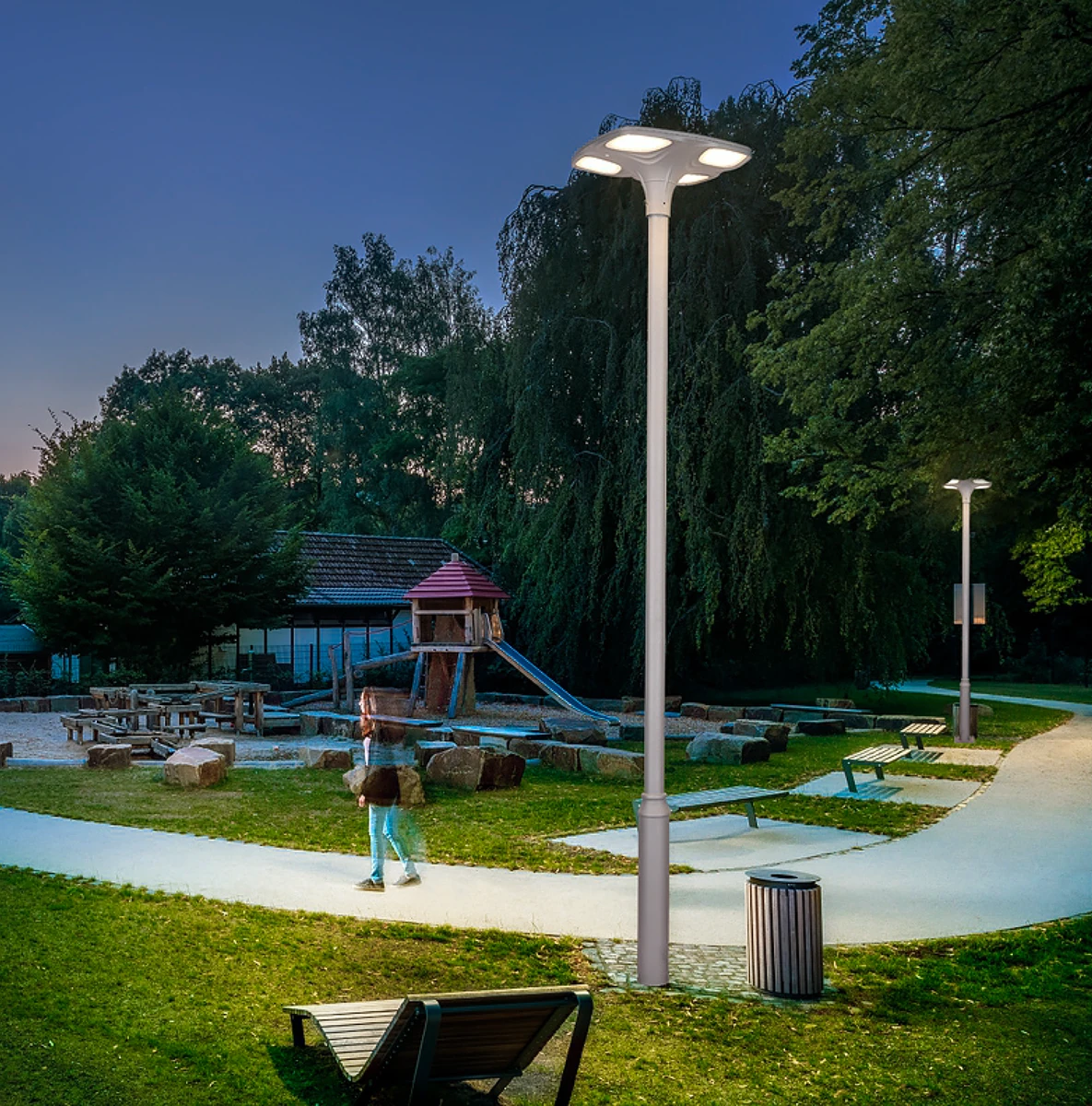 Landscape educational campus walkway nighttime lighting