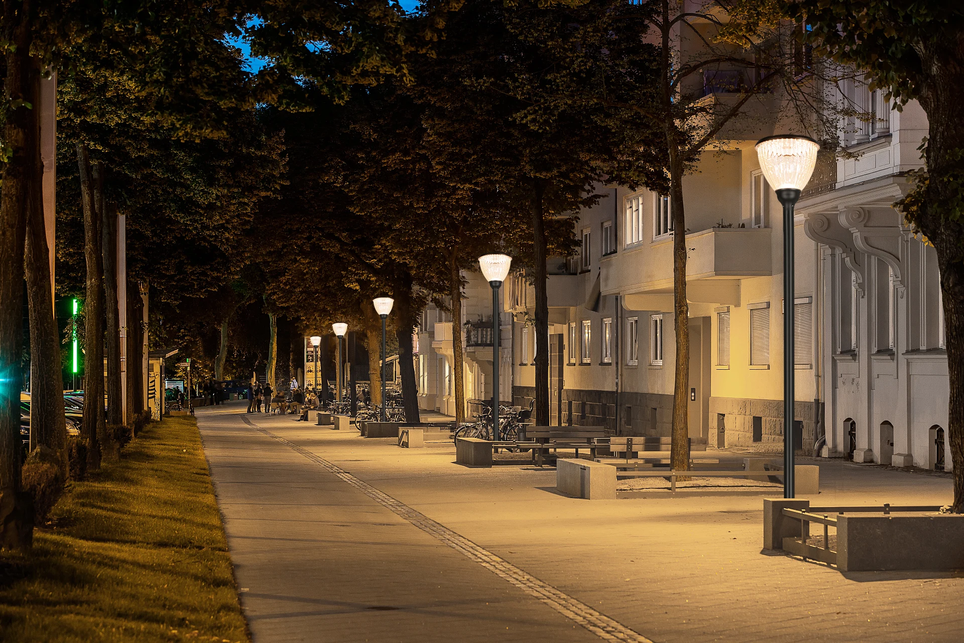 Urban promenade pedestrian street evening lighting