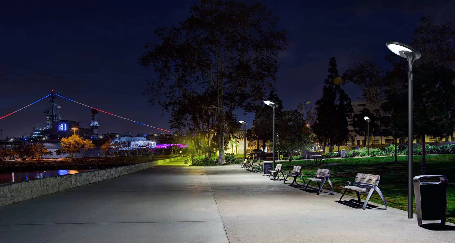 Waterfront promenade trail nighttime lighting