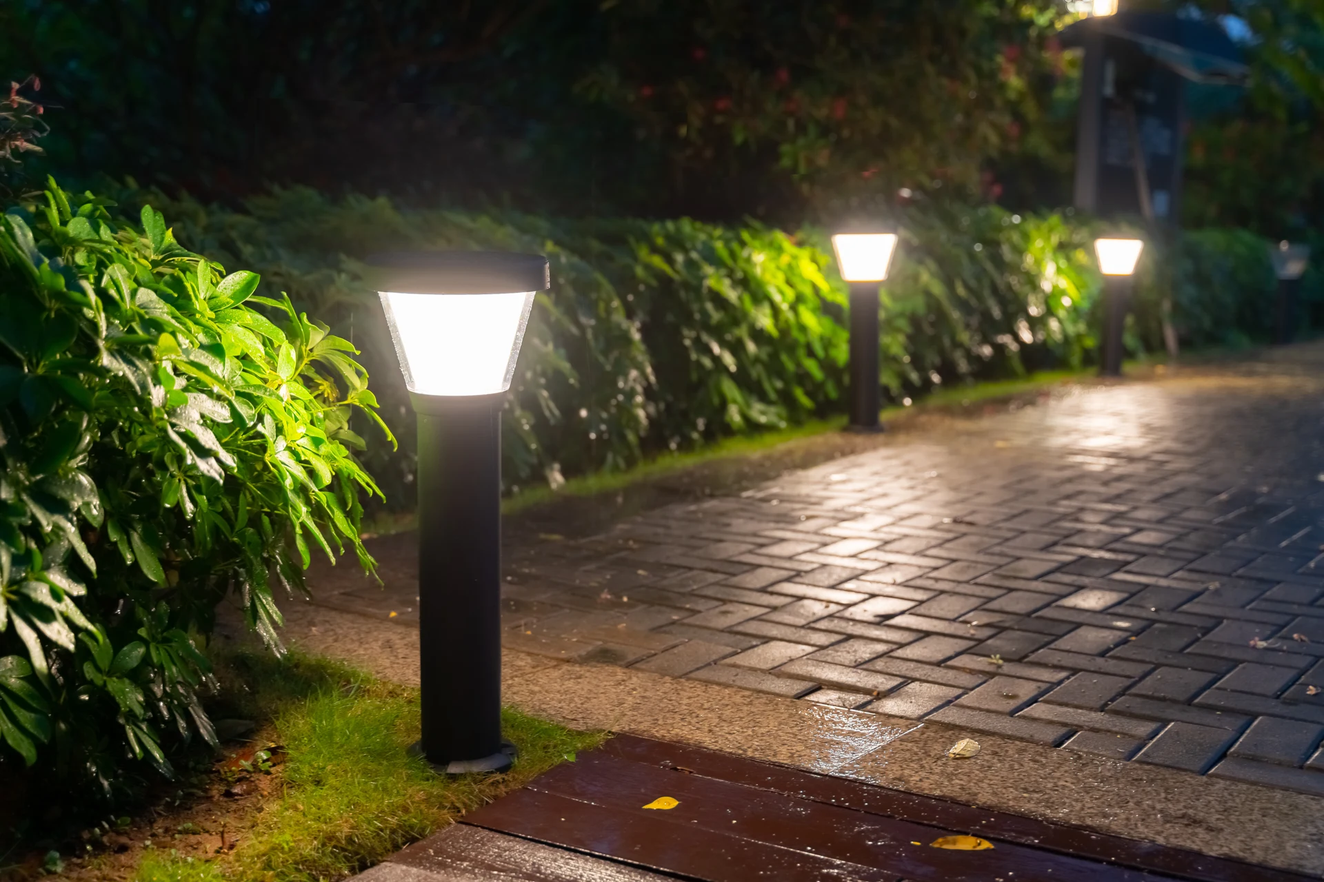 Multiple SGL-4105 solar bollards illuminating paved pedestrian pathway