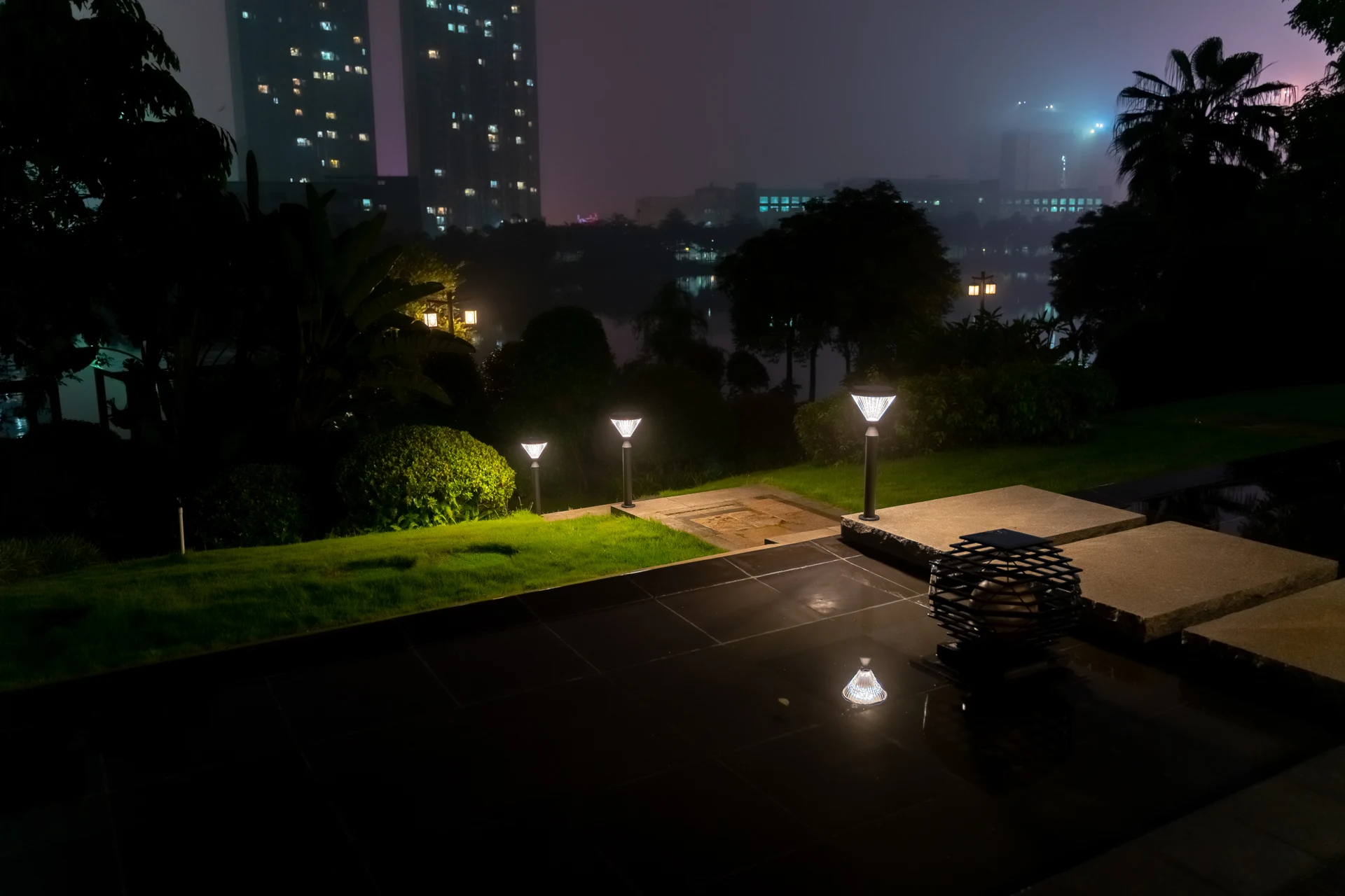 SGL-4505 solar bollards illuminating luxury villa patio terrace overlooking city