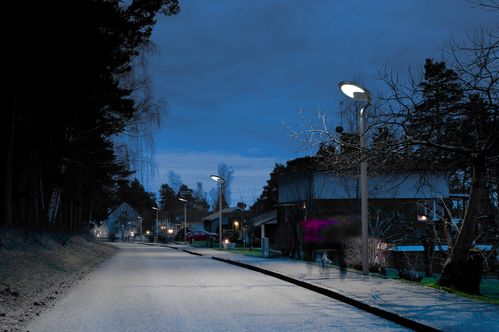 Residential estate pedestrian walkway nighttime lighting
