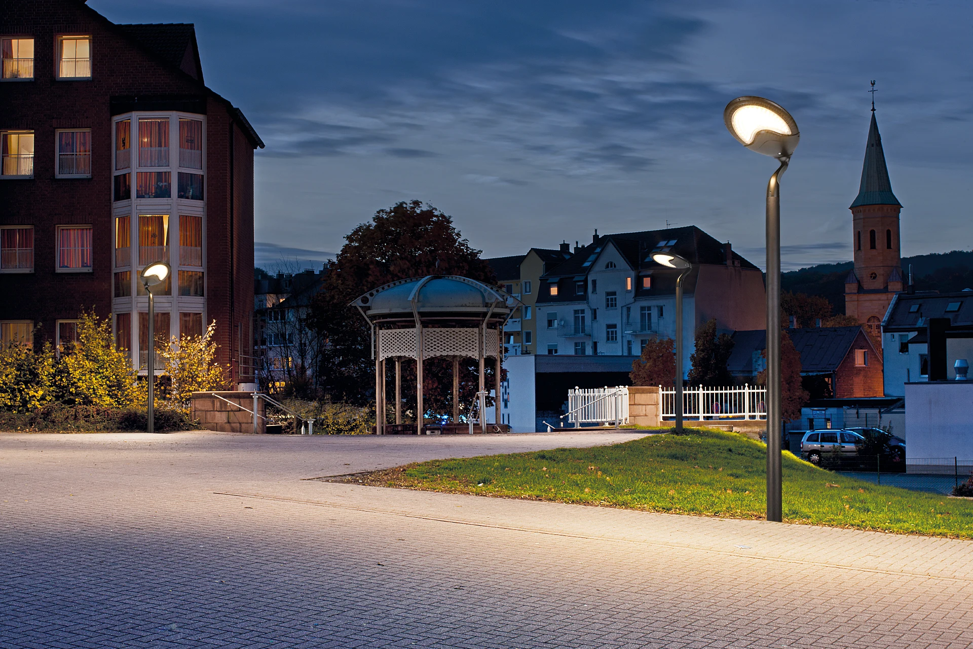 Town square civic promenade evening scene