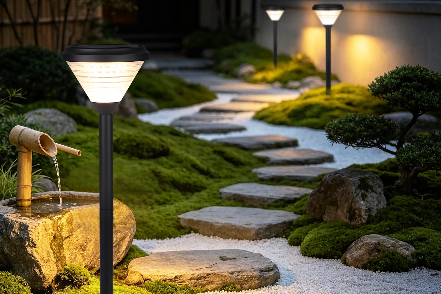 SLL-3004 solar bollard lights accenting zen garden stepping stones