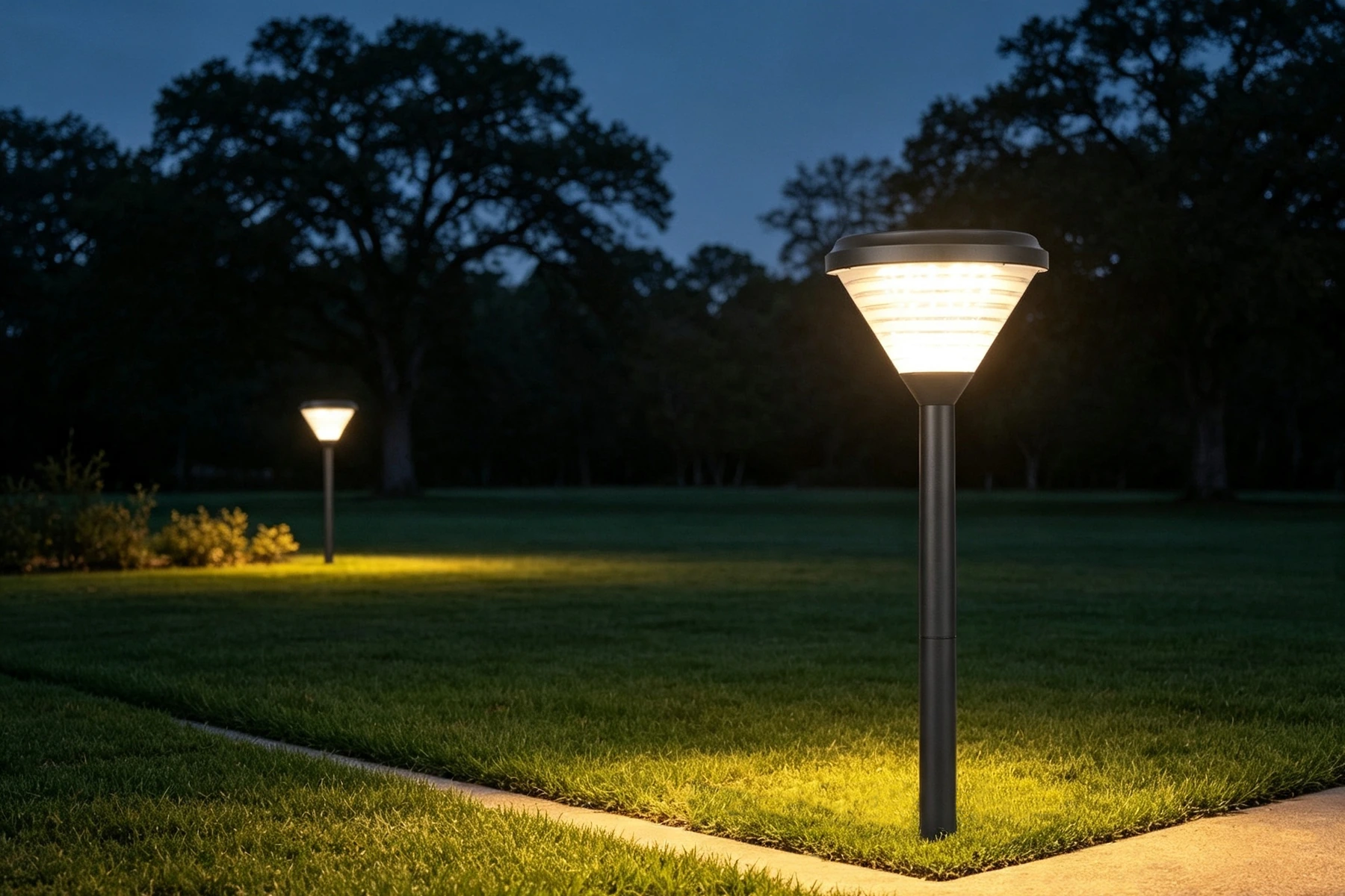 SLL-3004 hourglass solar bollards illuminating open lawn perimeter