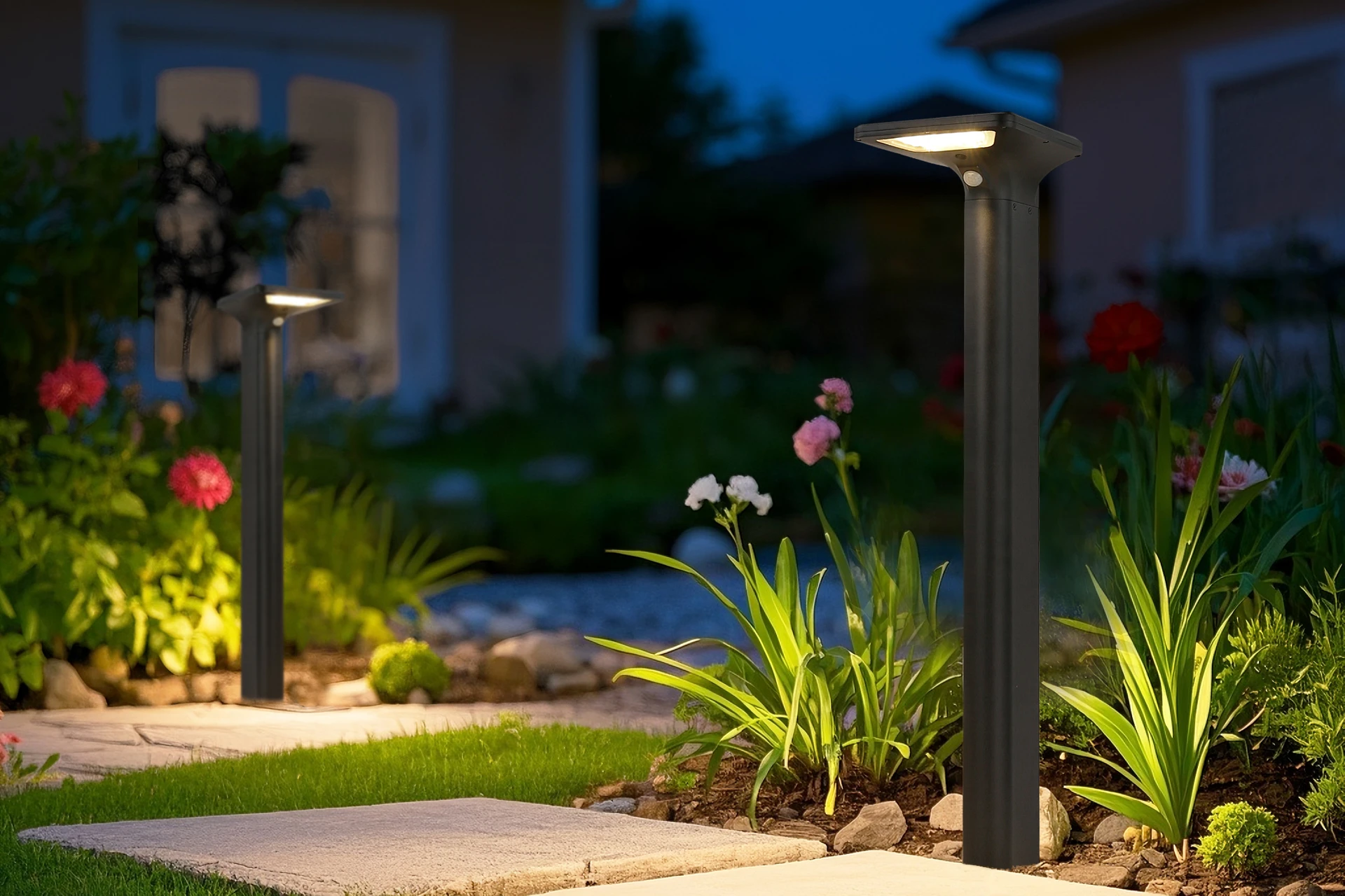 SLL-3005 crescent solar bollards illuminating luxury resort patio boundary