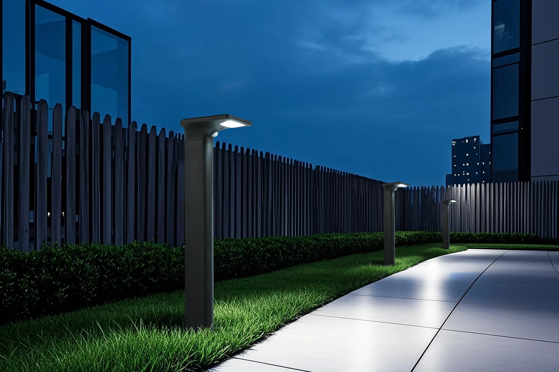 SLL-3005 solar bollard lights accenting private villa exterior steps