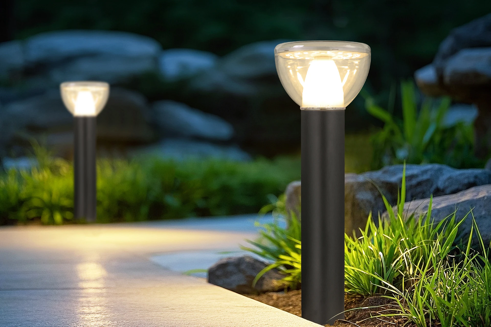 SLL-3006 celestial solar bollard lights along garden stone pathway
