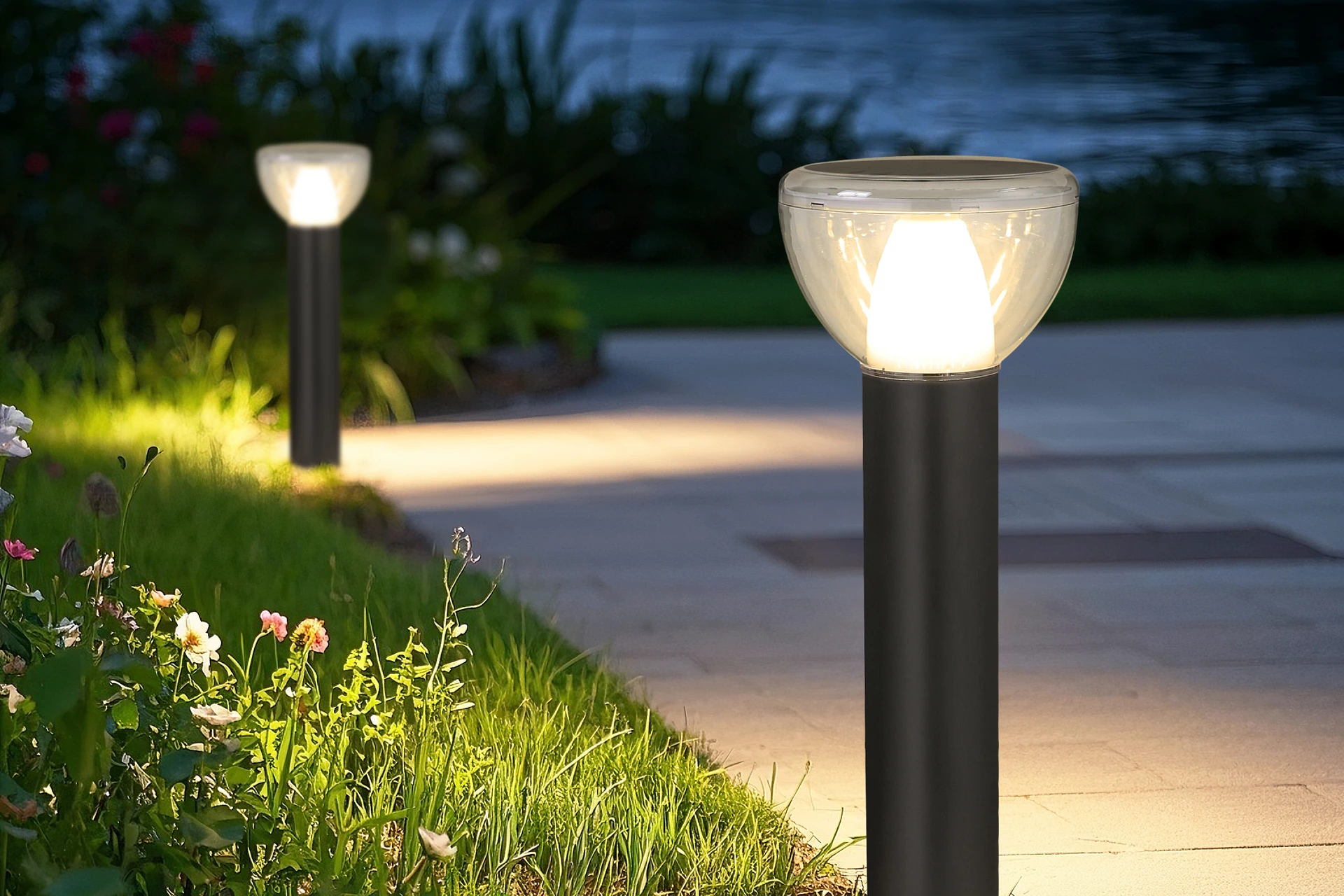 SLL-3006 celestial solar bollards installed around resort outdoor terrace