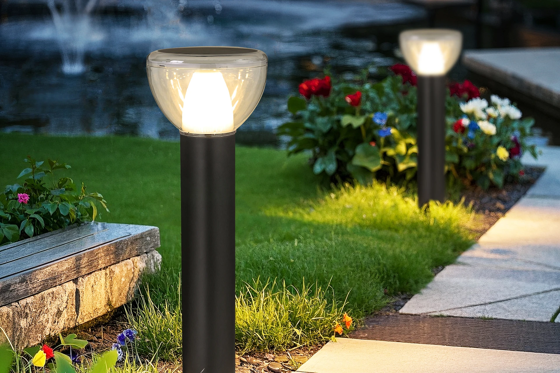 SLL-3006 solar bollard lights accentuating modern residential landscape