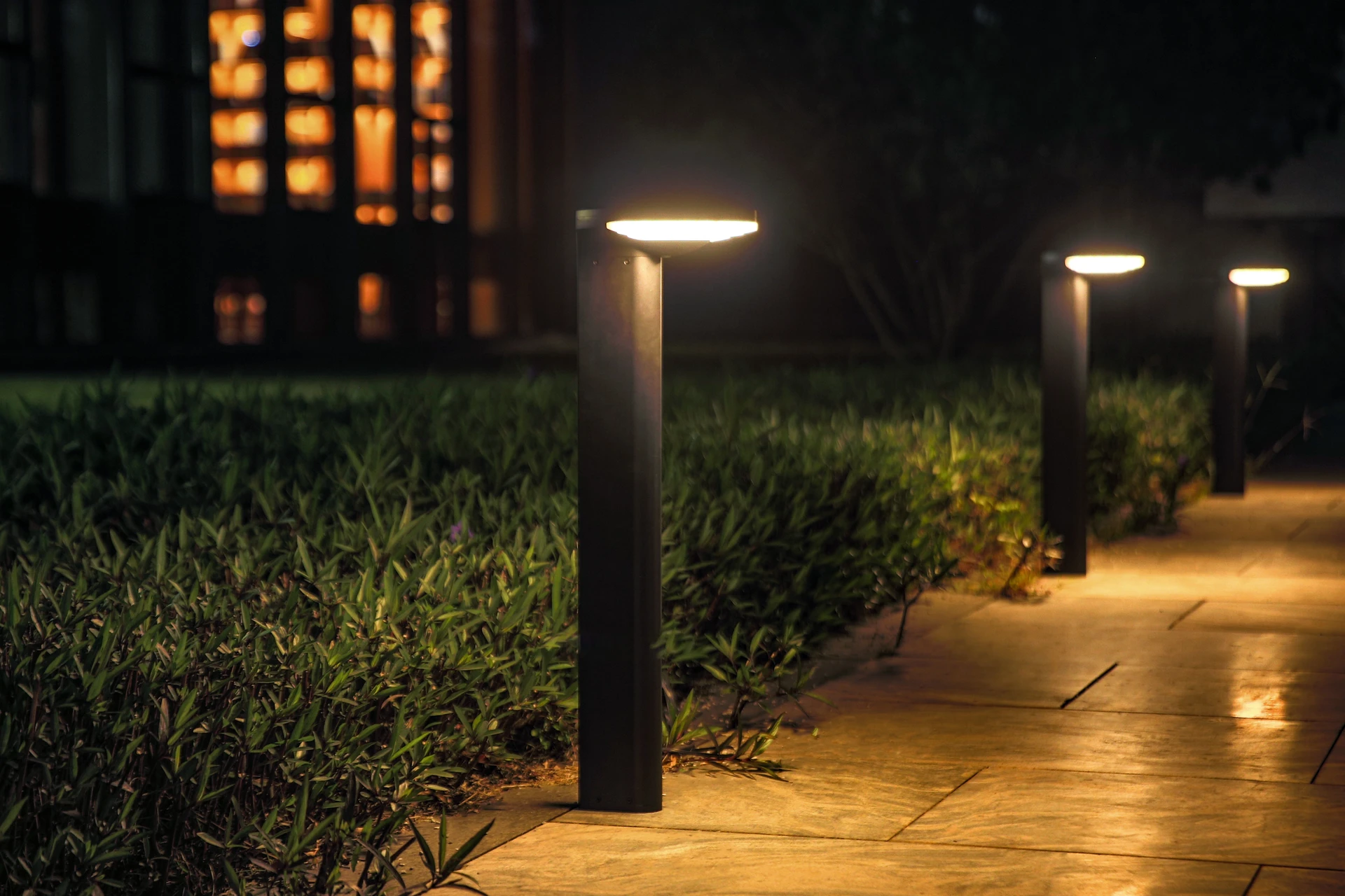 Multiple heights of SLL-8804 solar bollards lining lawn border slope