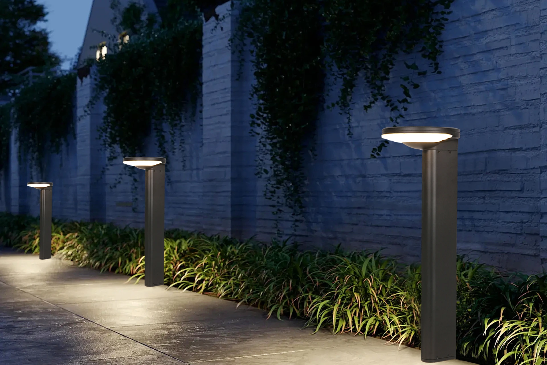SLL-8804 solar bollards illuminating luxury villa patio terrace