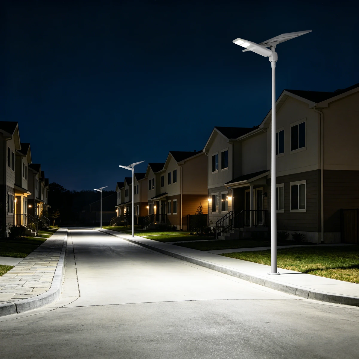 Suburban residential roadway solar street lighting at dusk