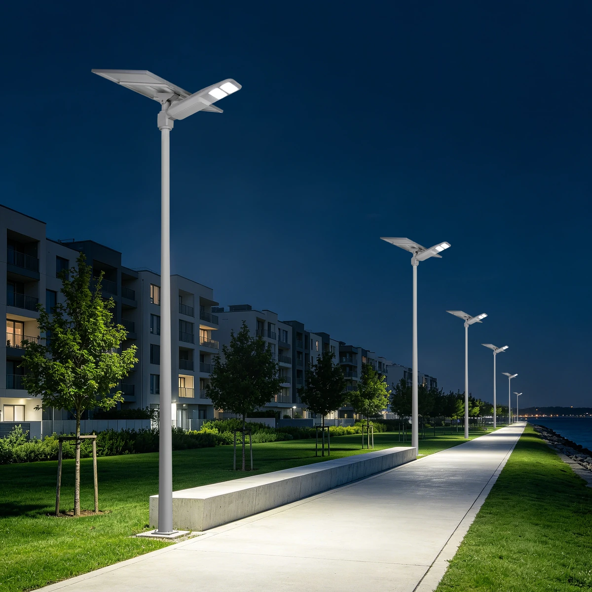 Waterfront promenade greenway park solar illumination
