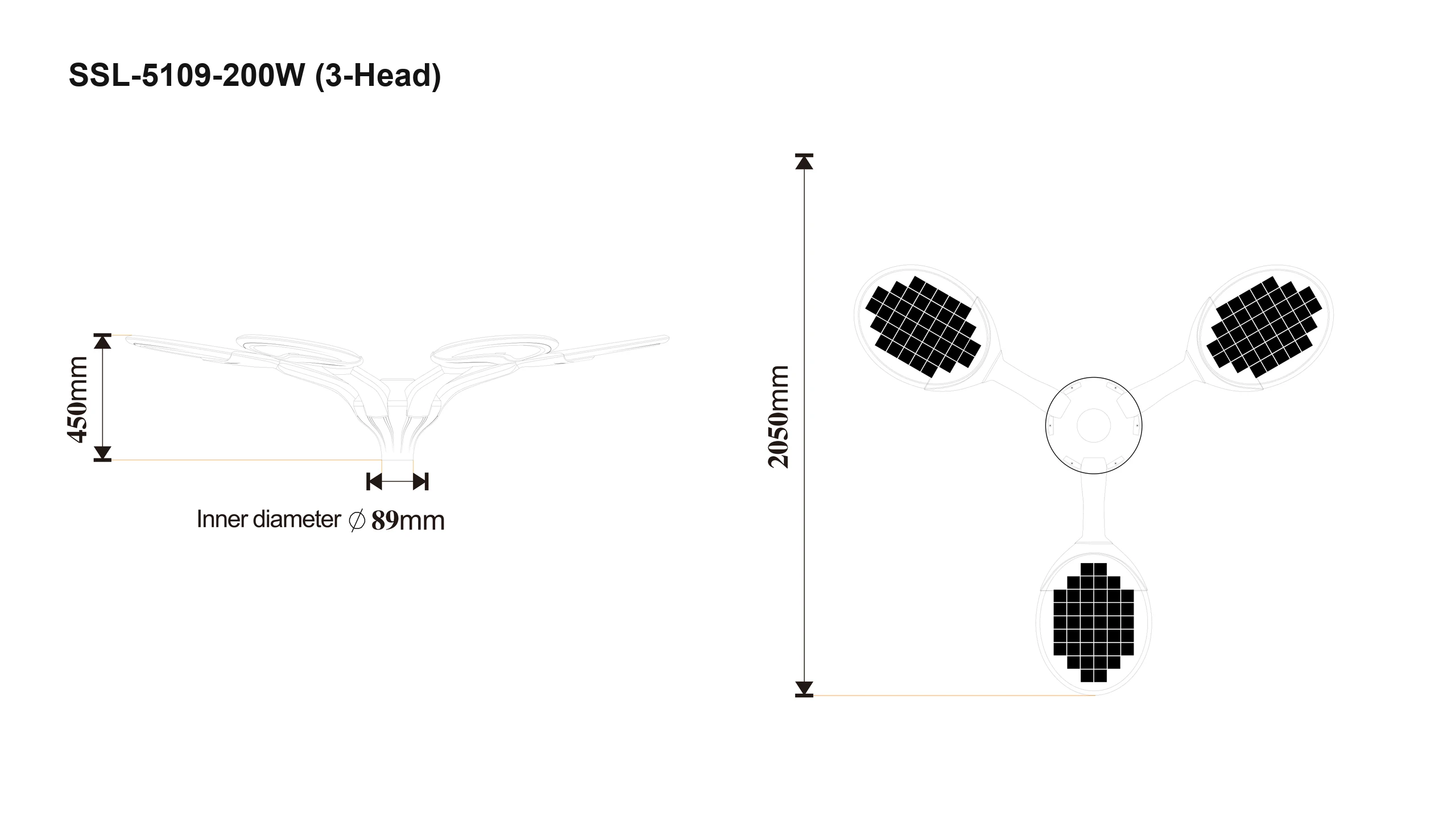 SSL-5109-200W 3-Head CAD dimension drawing