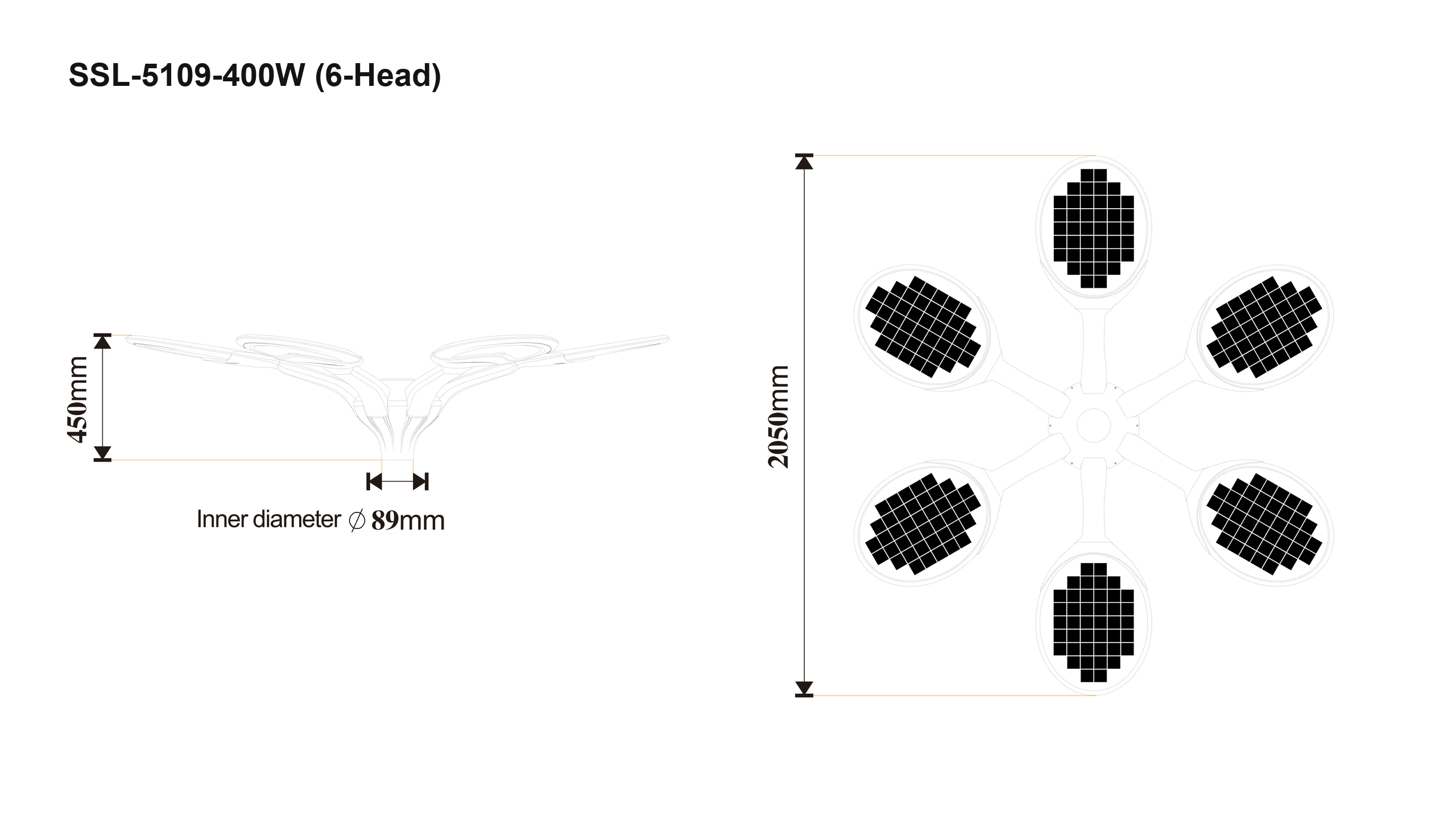SSL-5109-400W 6-Head CAD dimension drawing