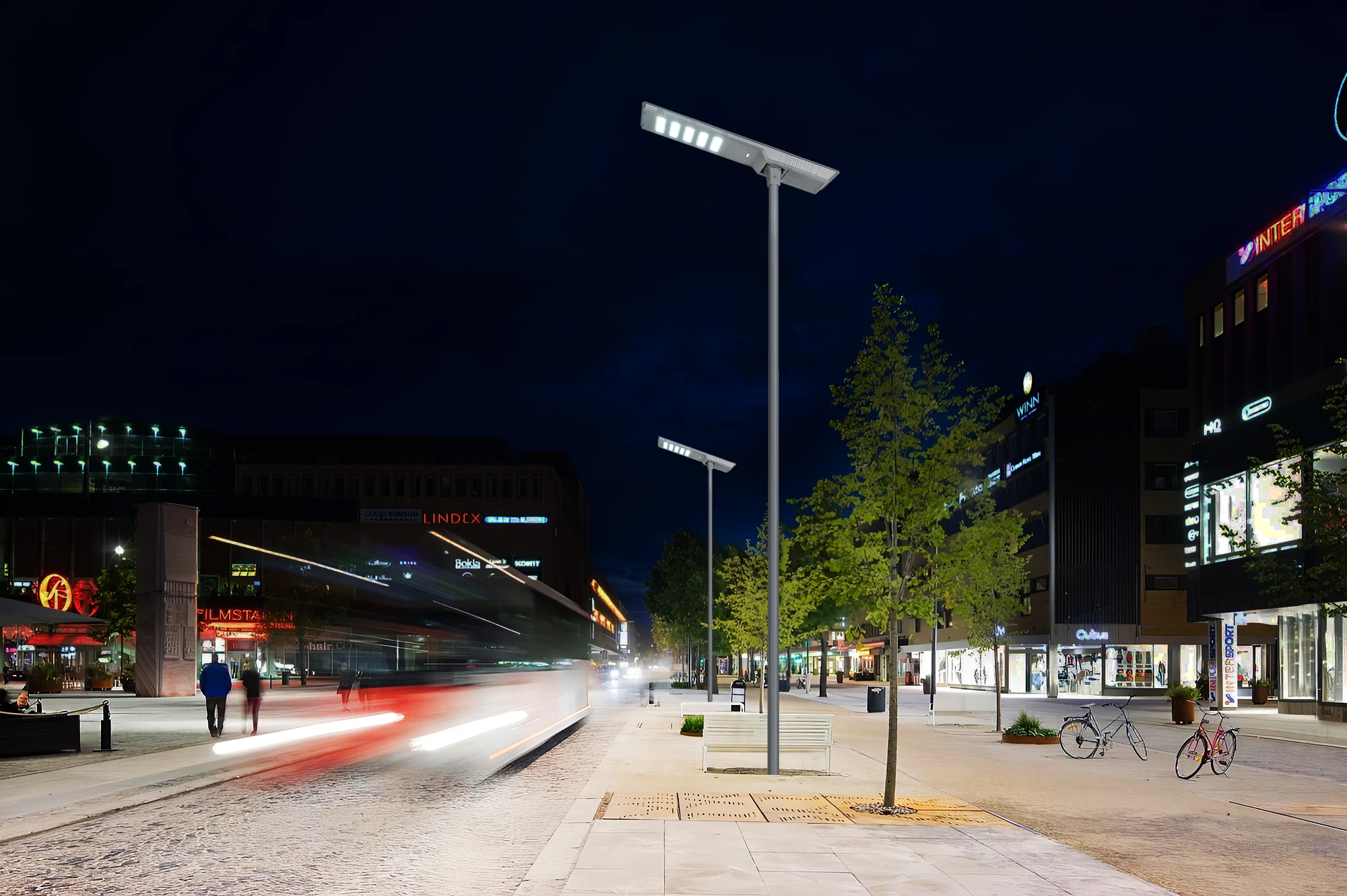 City shopping plaza pedestrian avenue at dusk