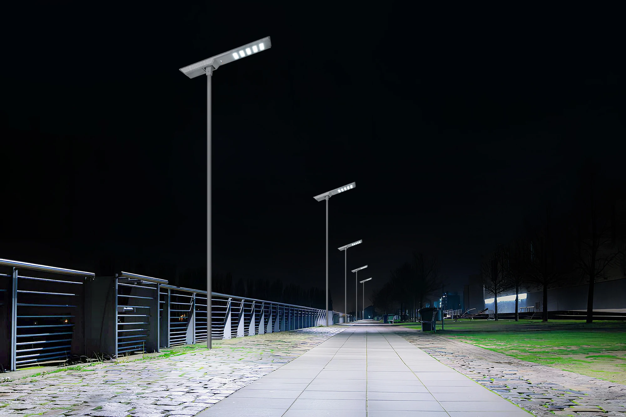 Commercial park pedestrian walkway night illumination