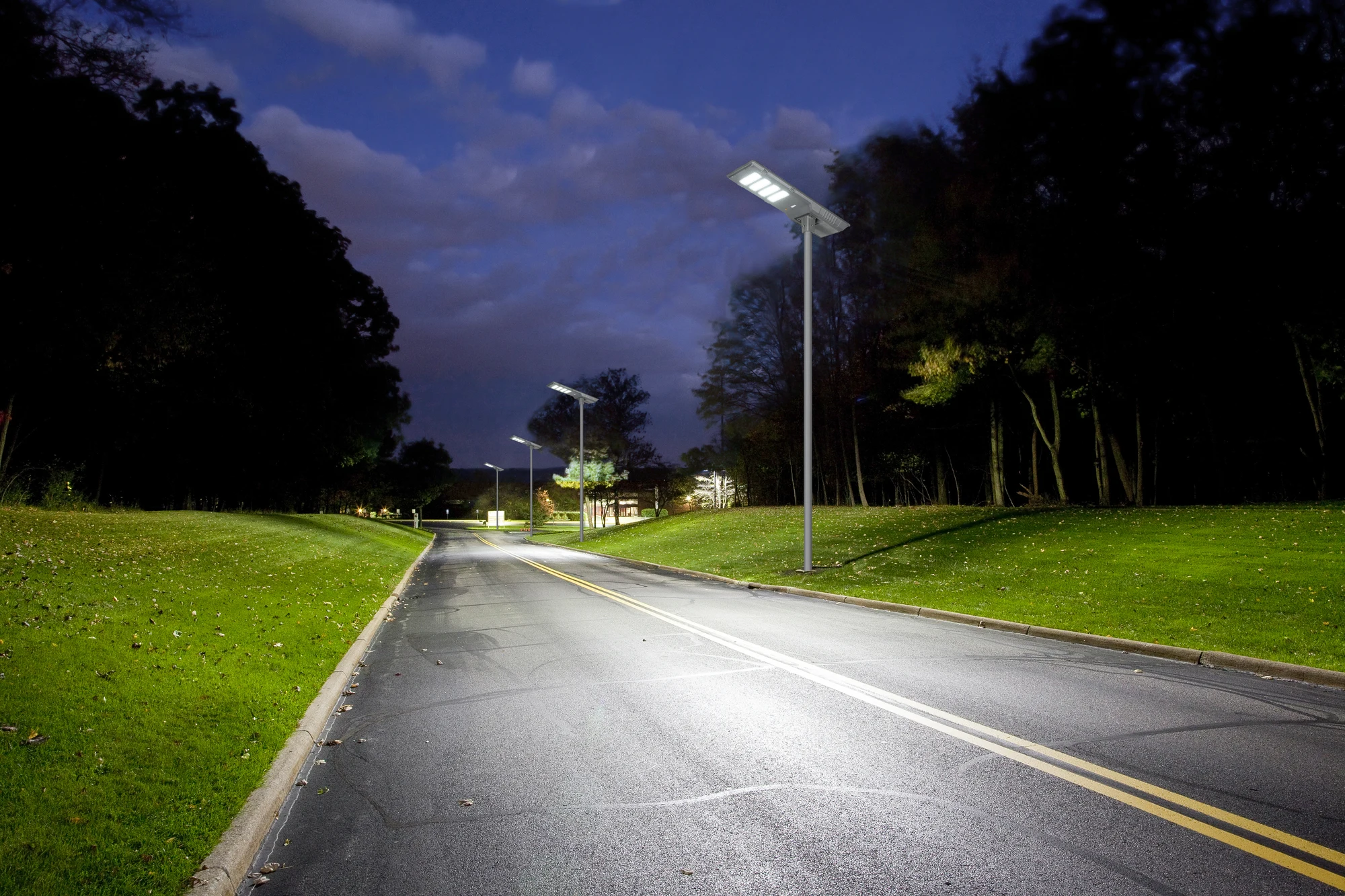 Two-lane municipal roadway highway twilight lighting