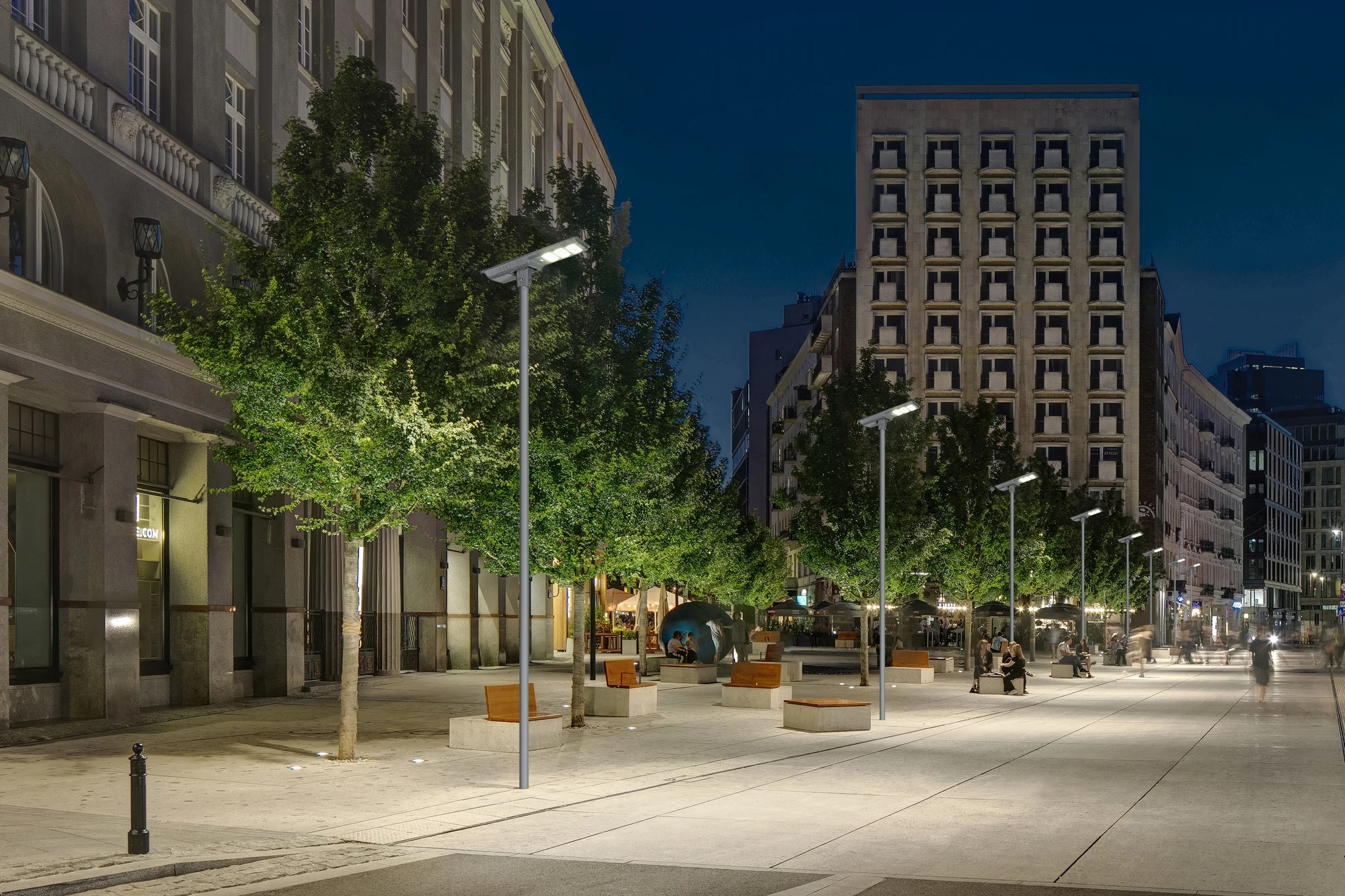 Urban landscaped boulevard promenade night lighting