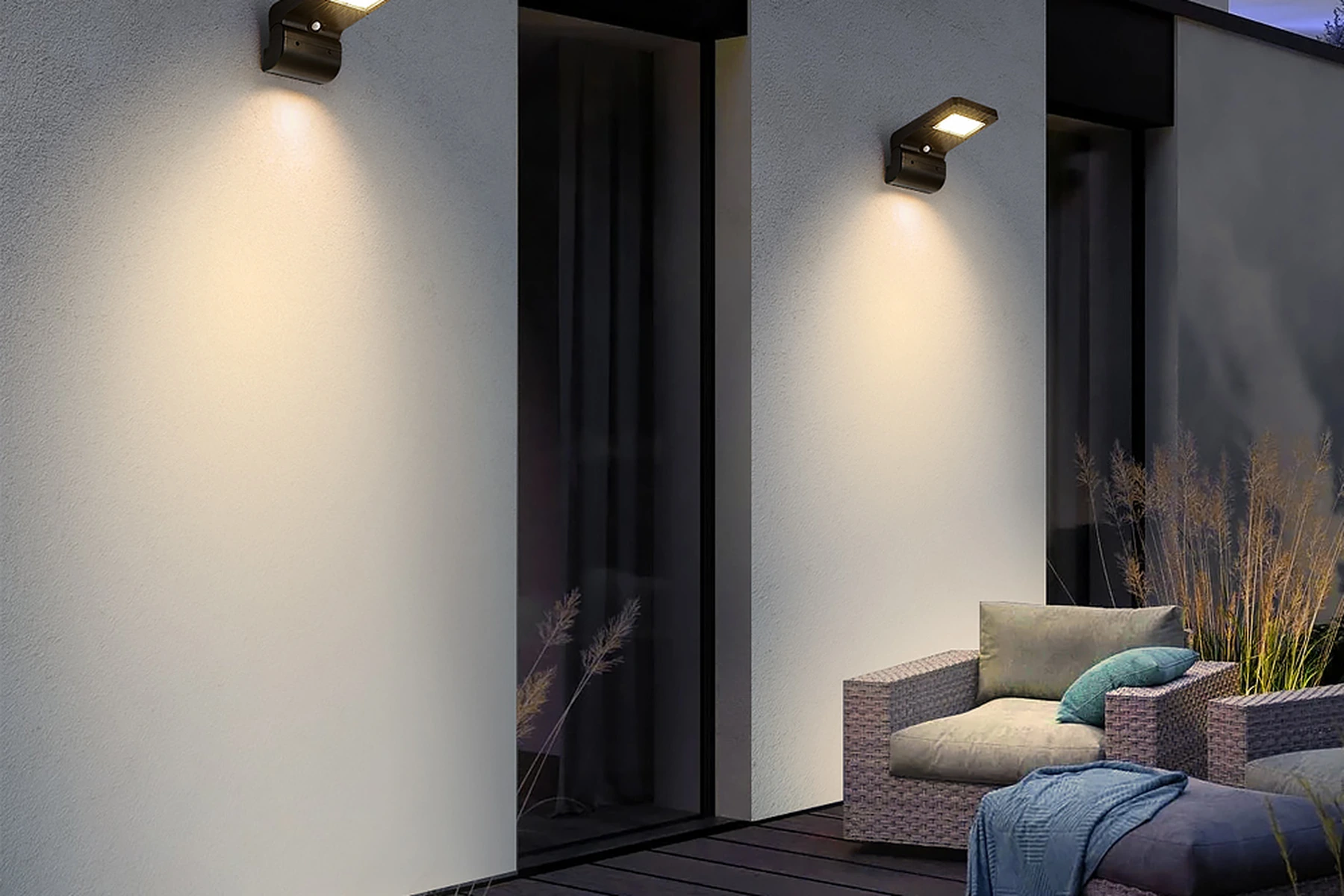 SWL-1006 bird solar wall lights mounted along modern villa patio deck at twilight
