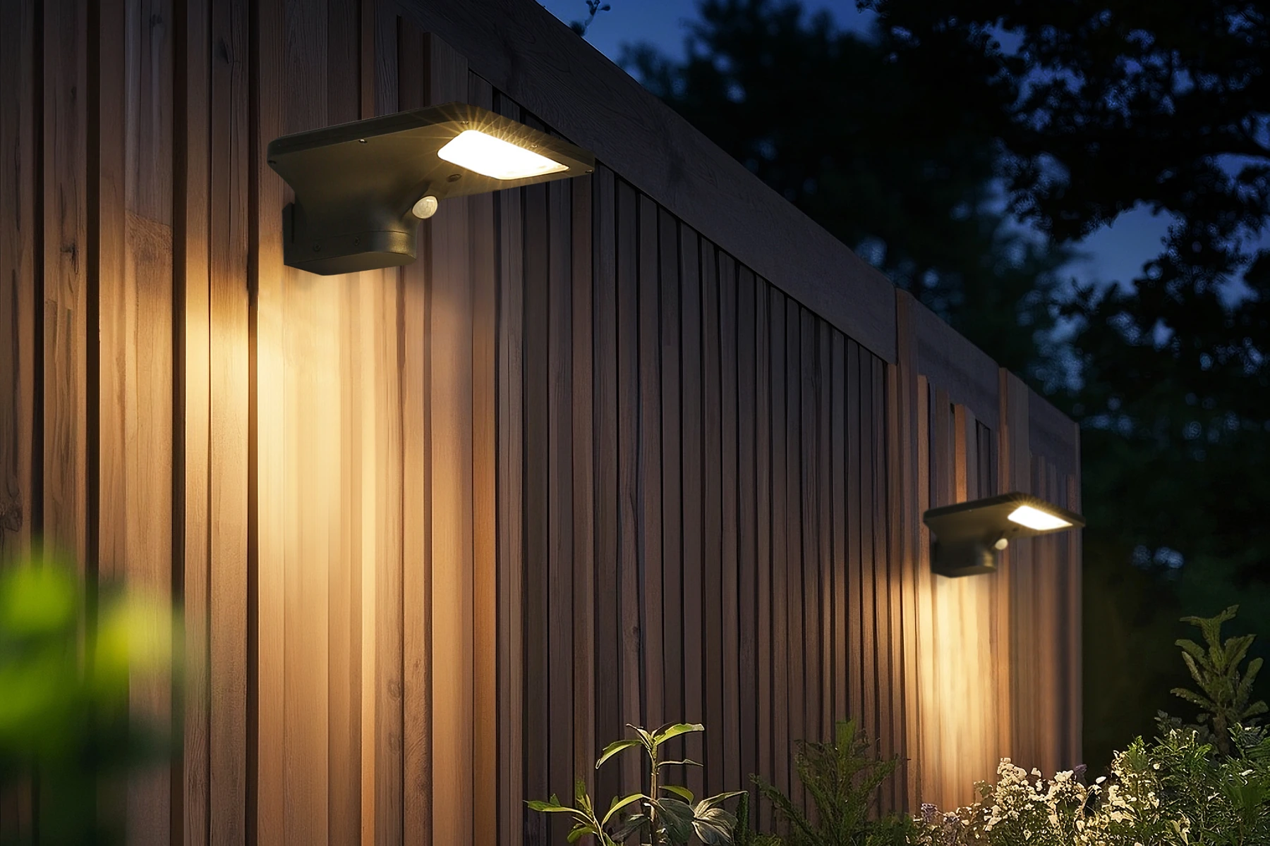 SWL-3005 crescent solar wall lights installed along vertical wood privacy fence at dusk
