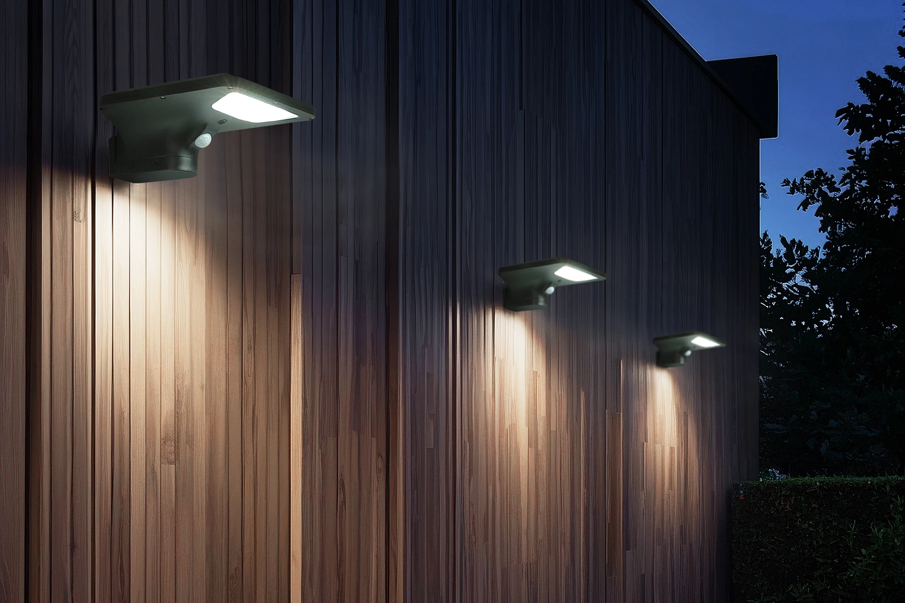 SWL-3005 wall lights illuminating contemporary timber batten facade in sequence