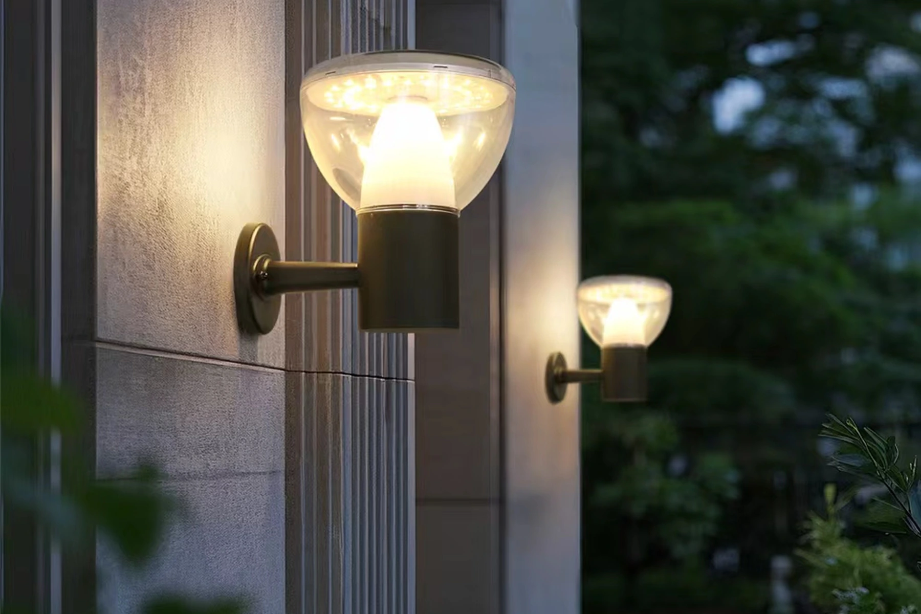 SWL-3006 solar wall sconces mounted on landscaped garden terrace wall