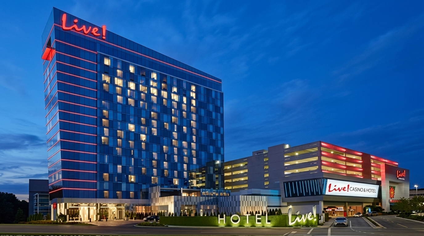 Live! Hotel Maryland slab-edge linear LED lightbars tracing horizontal floor lines across the full building facade