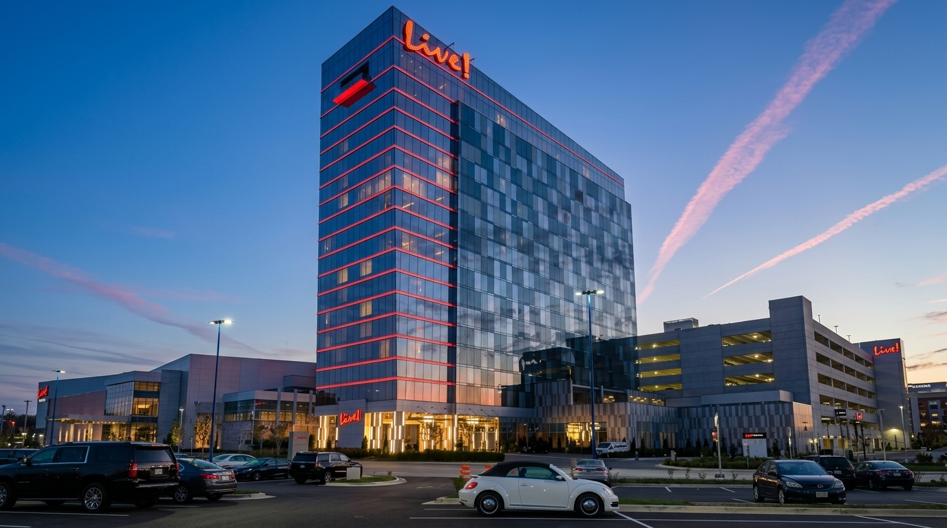 Live! Casino Hotel Maryland facade LED linear lighting at night — DMX512 RGB slab-edge lightbar system by TPK Lighting