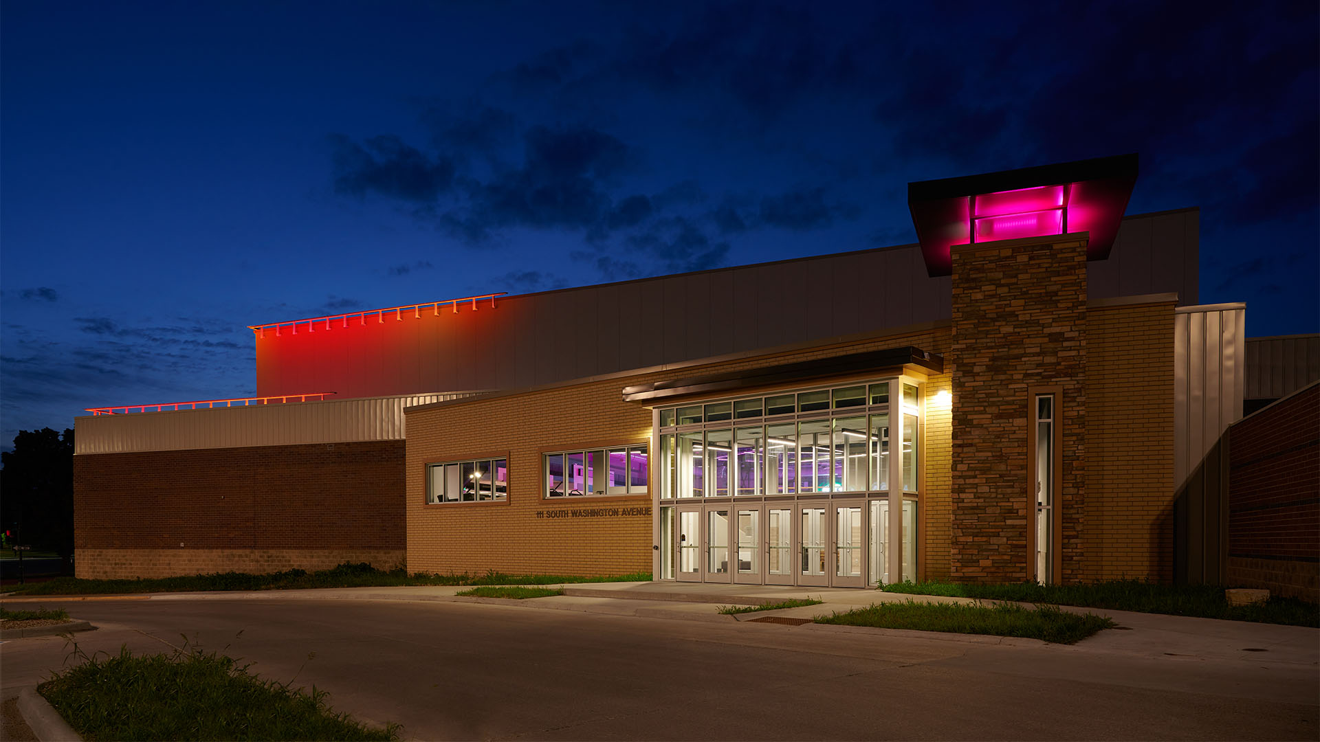 Mason City Ice Arena exterior facade lighting with RGBW LED wall washers