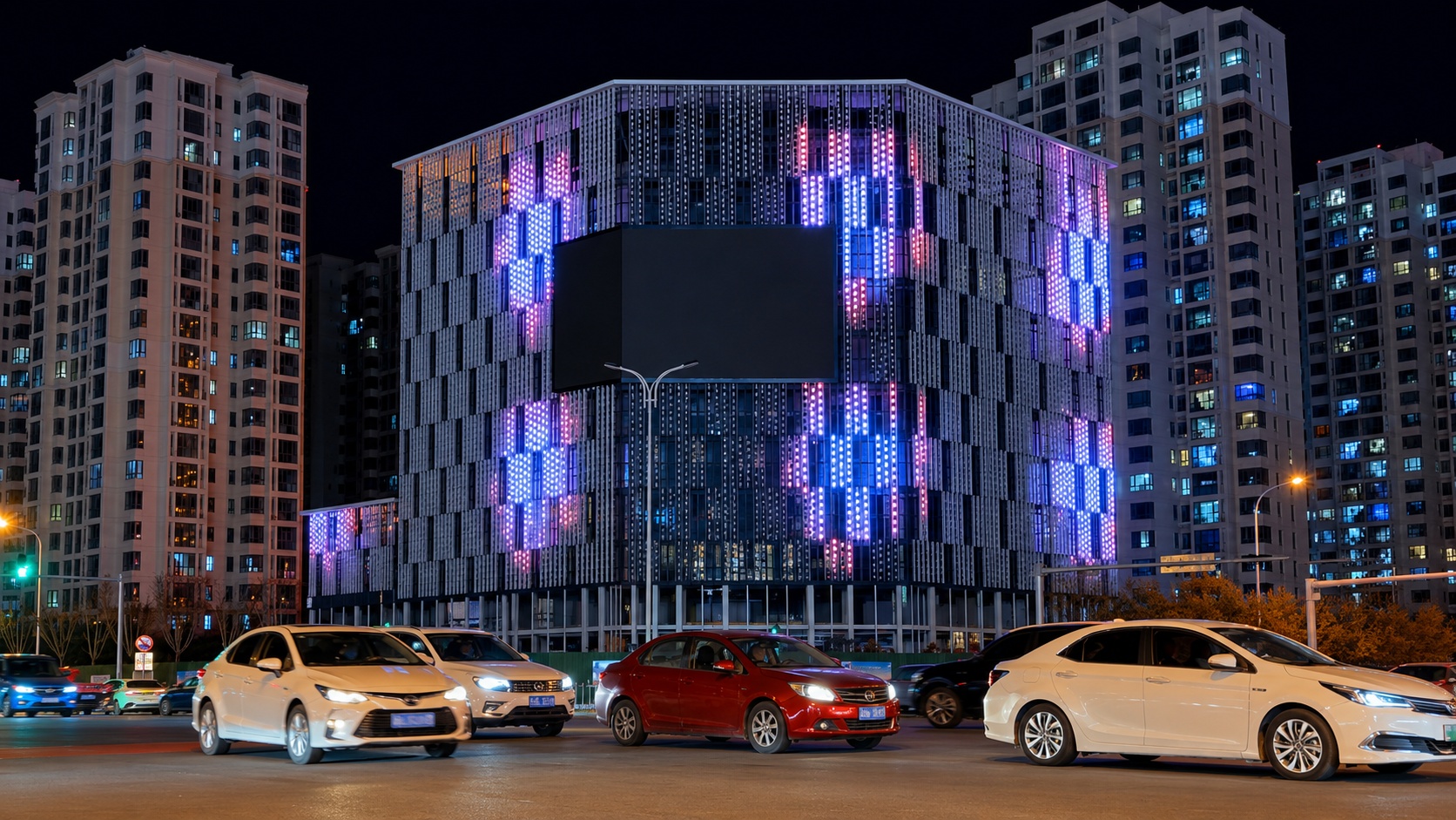 Haitang Building facade detail — six-pointed star fixtures integrated with Begonia flower aluminium screen pattern, TPK Lighting