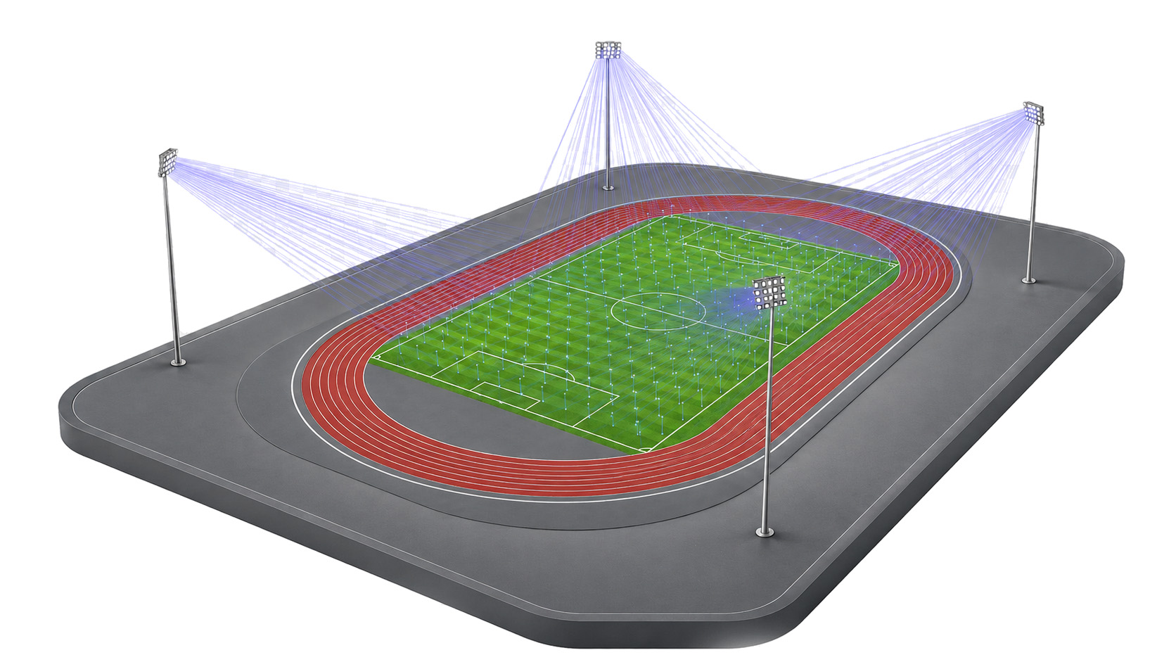 Sports lighting simulation — beam paths and calculation grid on a stadium and track