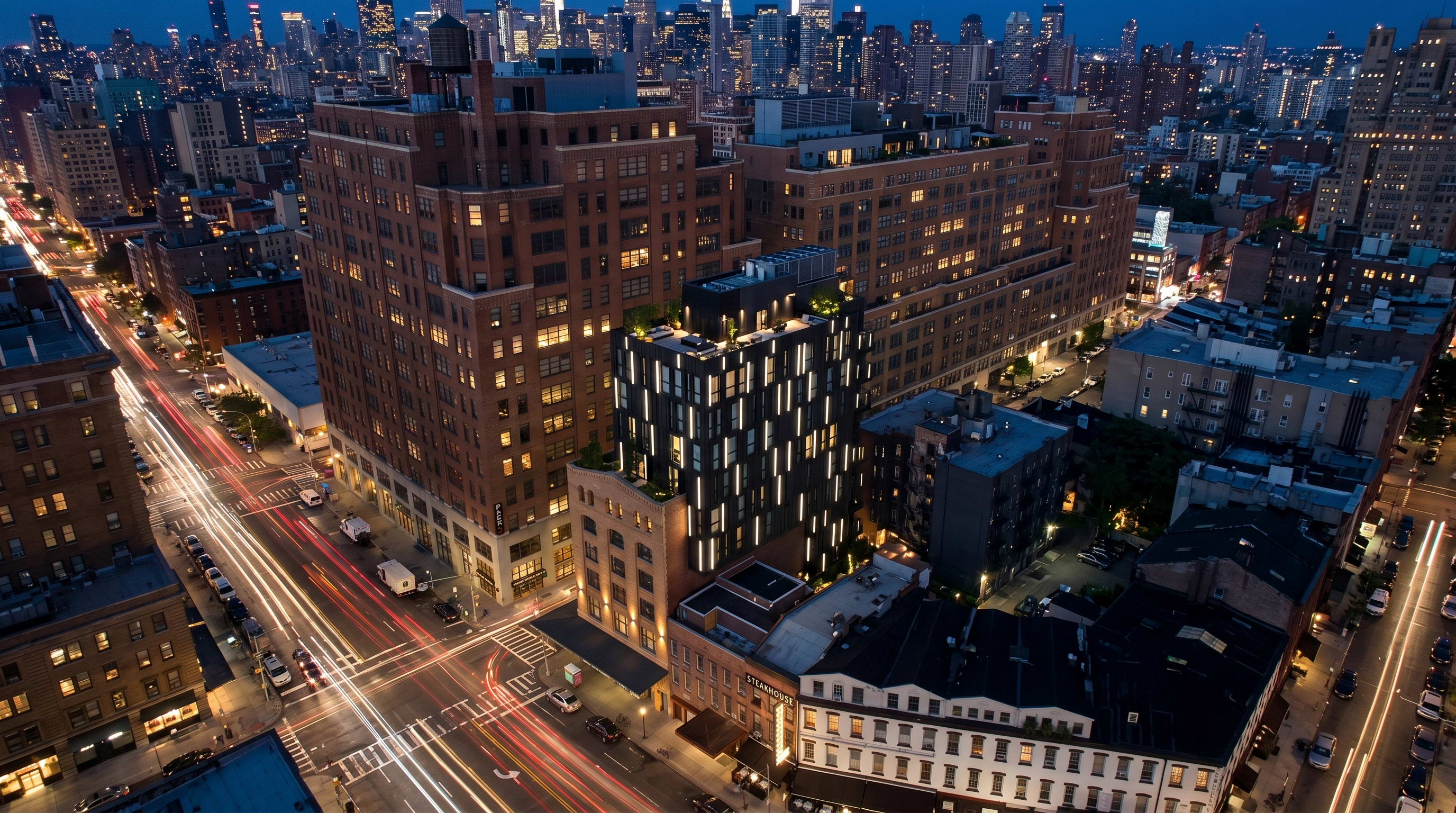 Porter House commercial facade illumination at night — custom bronze DMX512 RGBW LED linear lights by TPK Lighting, New York NY USA