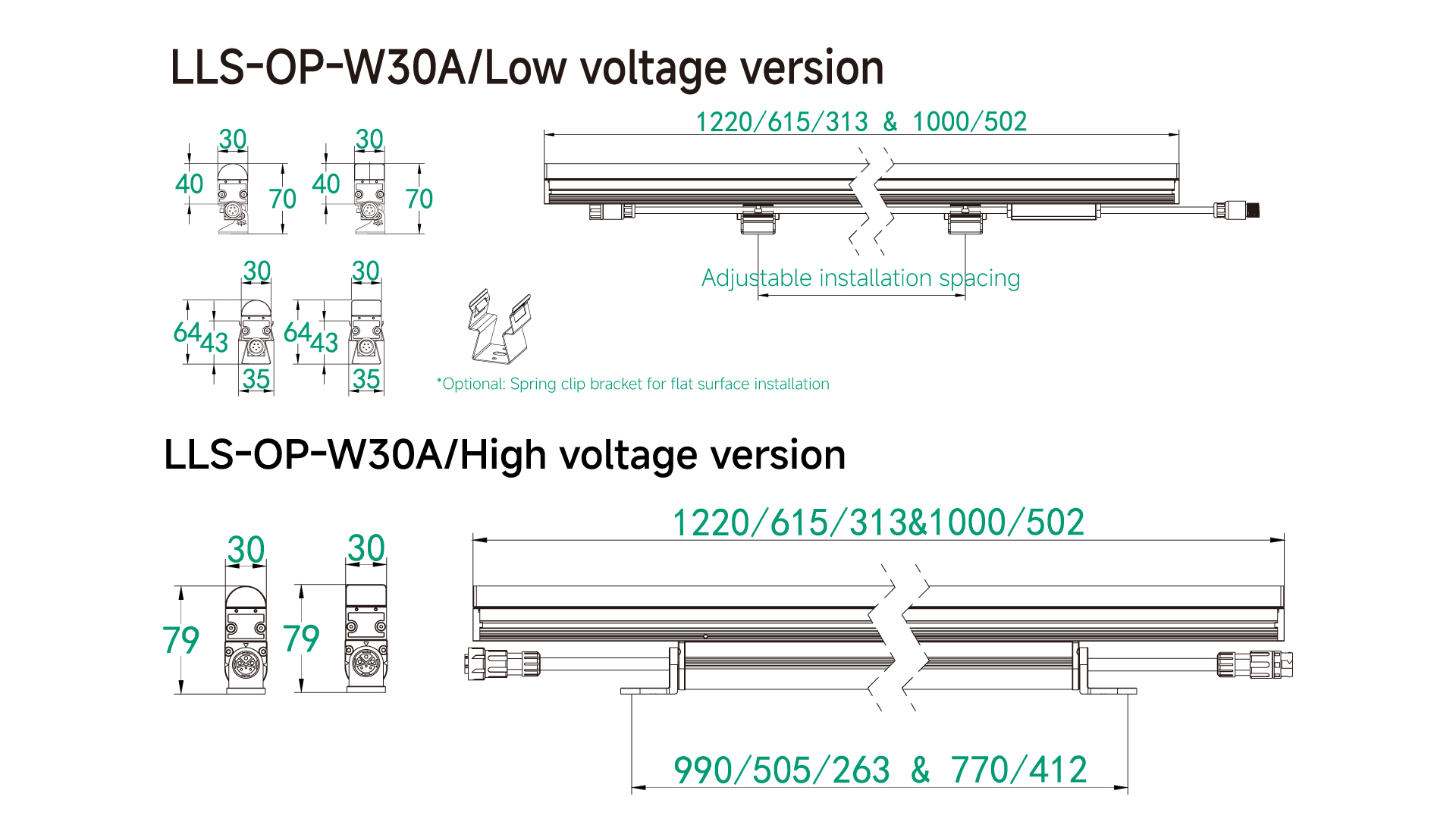 LLS-OP-W30A LED linear strip dimension drawing and installation overview