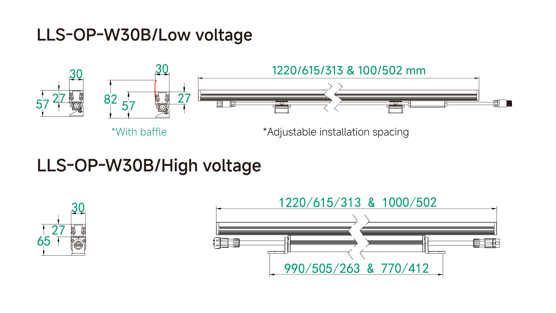 LLS-OP-W30B LED linear strip dimension drawing with tempered glass panel