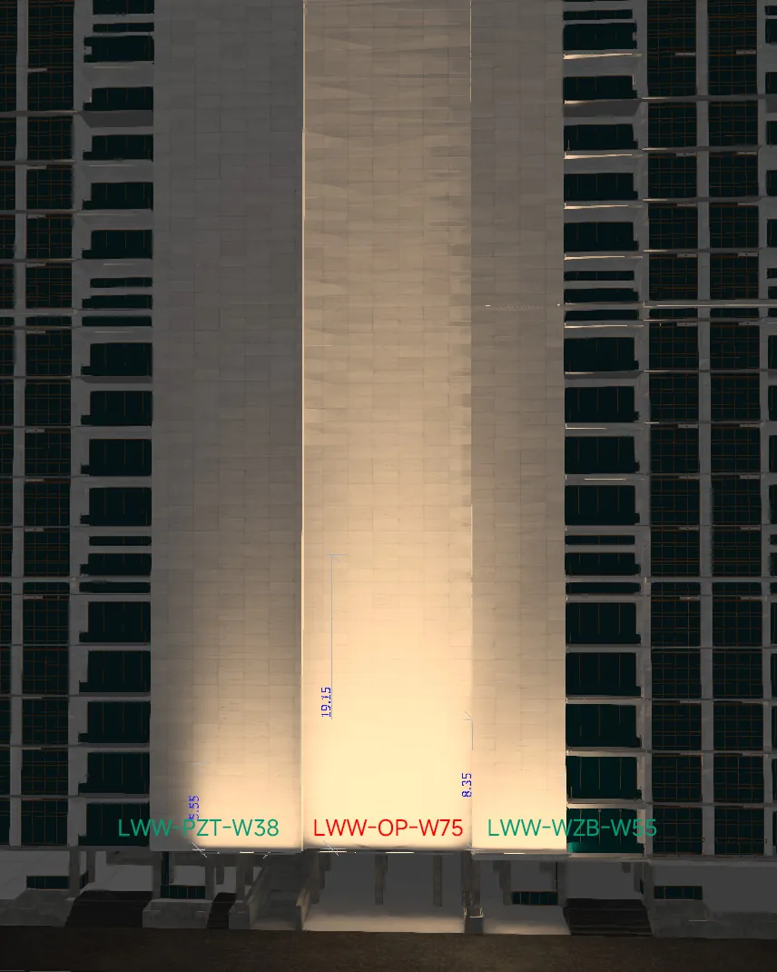 DIALux height comparison of three 20-degree LED wall washers including LWW-OP-W75 on a building facade