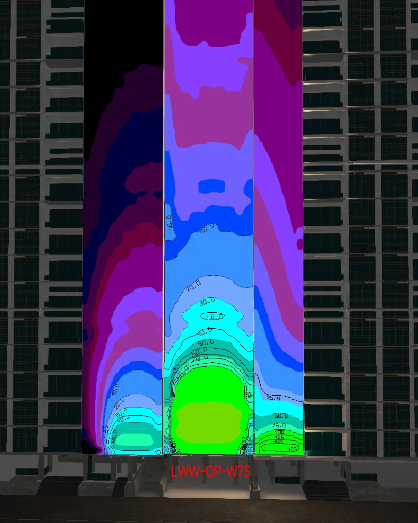 DIALux false-color illuminance comparison of three 20-degree LED wall washers including LWW-OP-W75