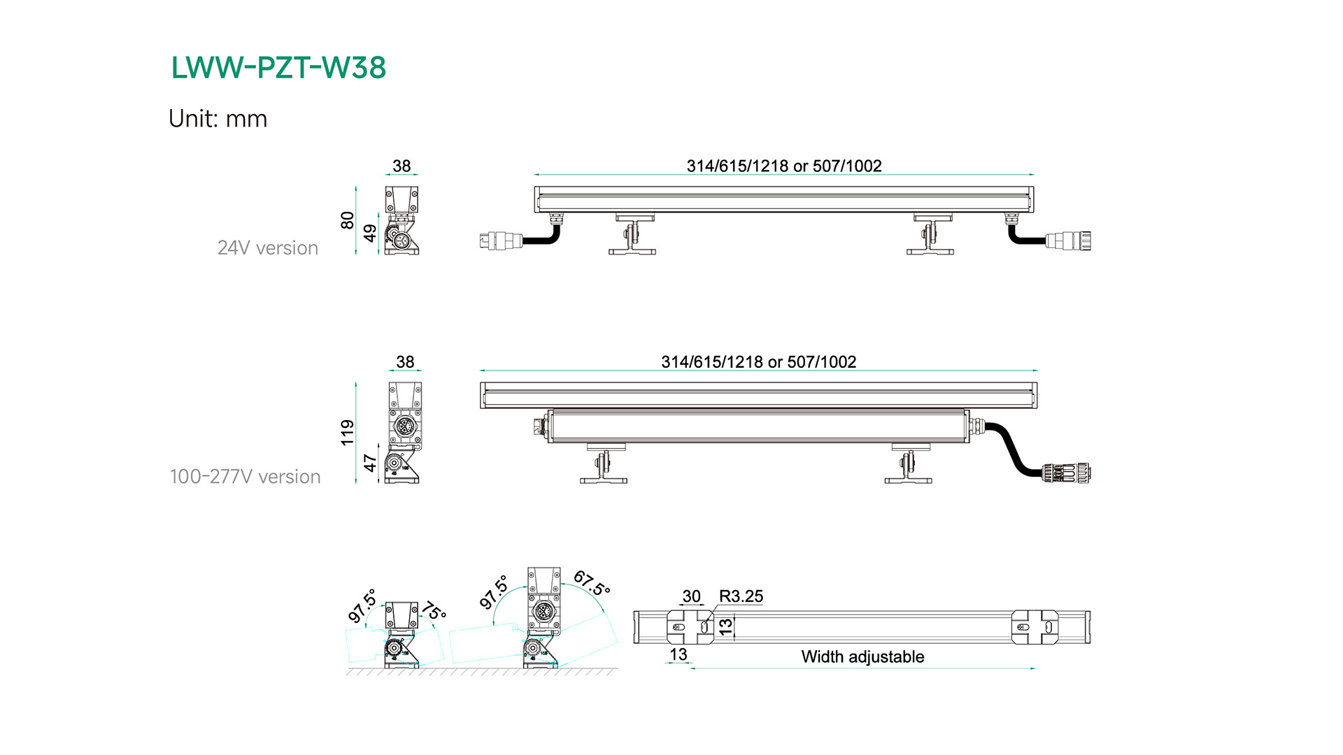 LWW-PZT-W38A LED wall washer dimension and product preview