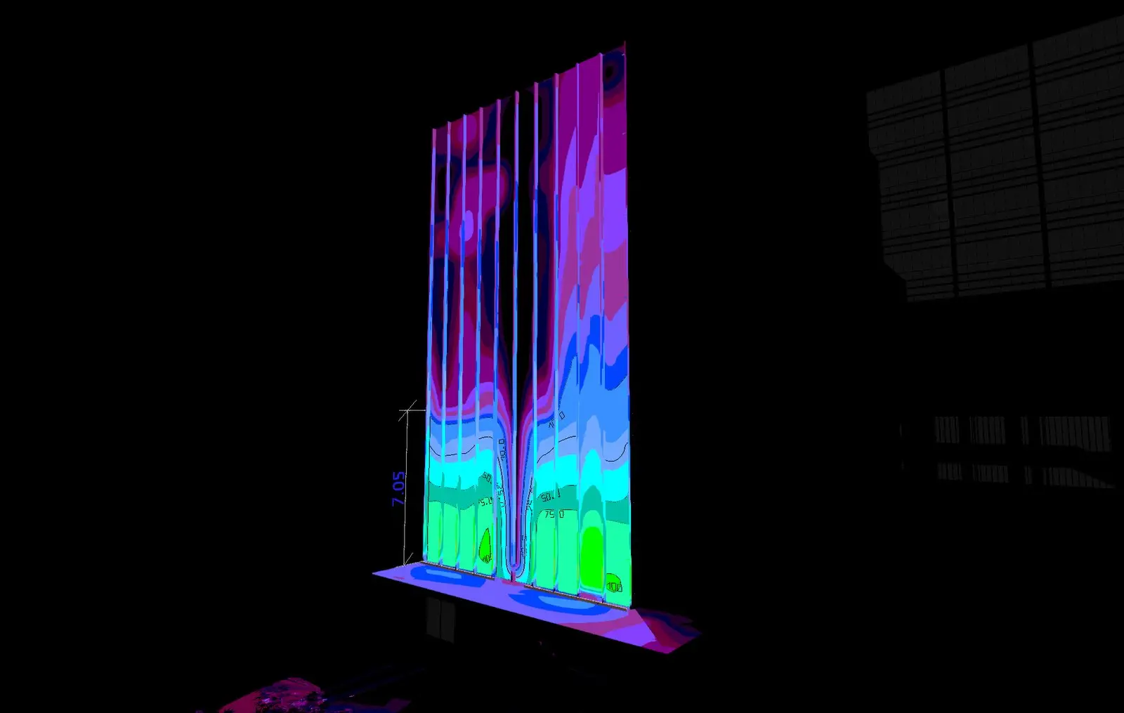 IES-based DIALux false-color simulation of LWW-PZT-W38A 15x40 degree asymmetric beam showing 7m coverage height