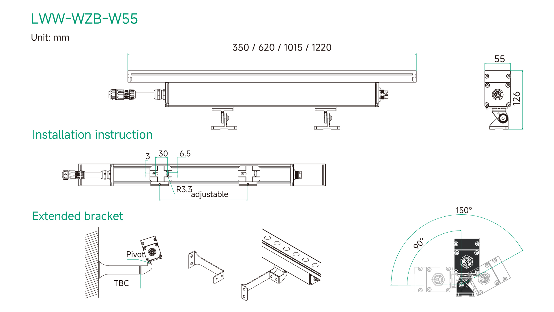 LWW-WZB-W55 dimension drawing for LED wall washer
