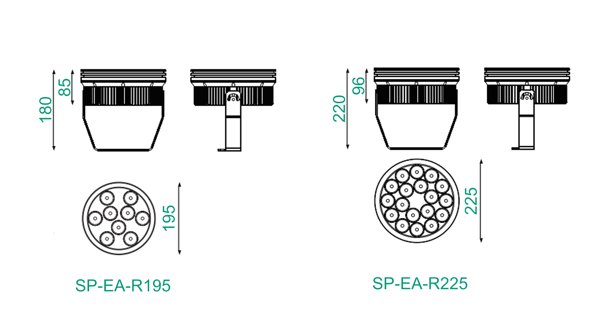 SP-EA-R195/R225 LED floodlight dimension drawing