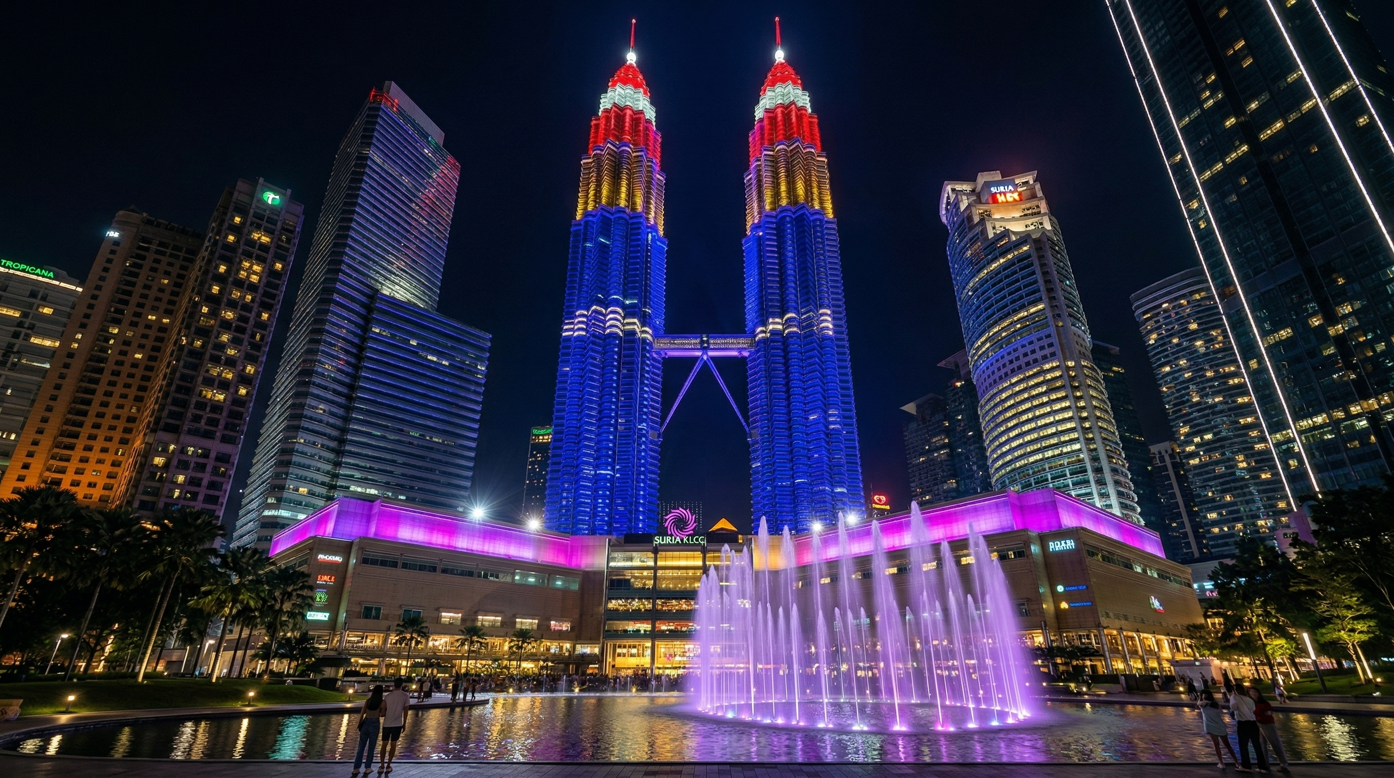 Suria KLCC landmark facade illumination in Kuala Lumpur with RGBW wall washers and architectural floodlights by TPK Lighting
